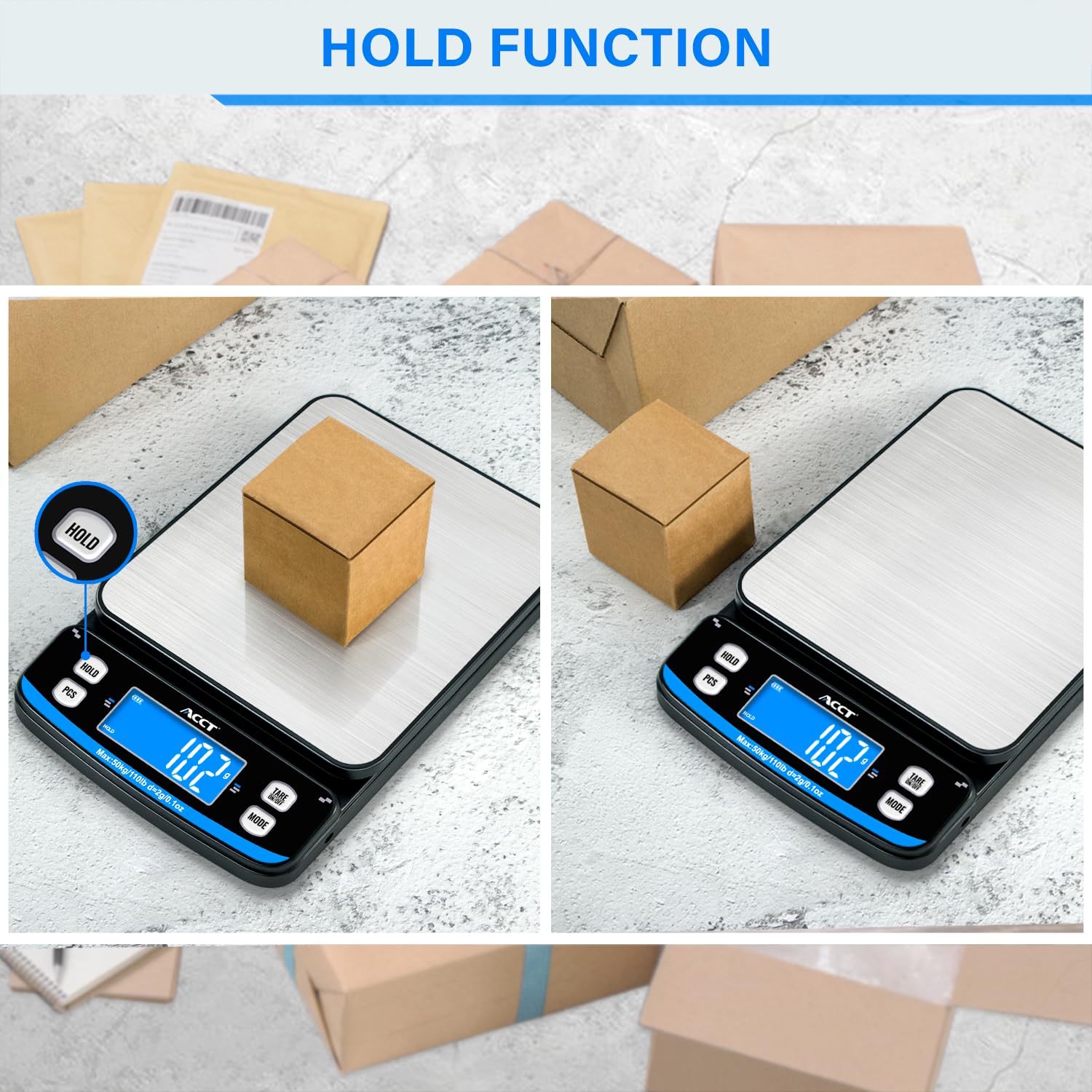 110lb Postal Scale - Balanza de envío de alta precisión con funciones de tara, recuento y retención, 5 unidades, perfecta para envíos postales, paquetes y cartas, con cinta adhesiva