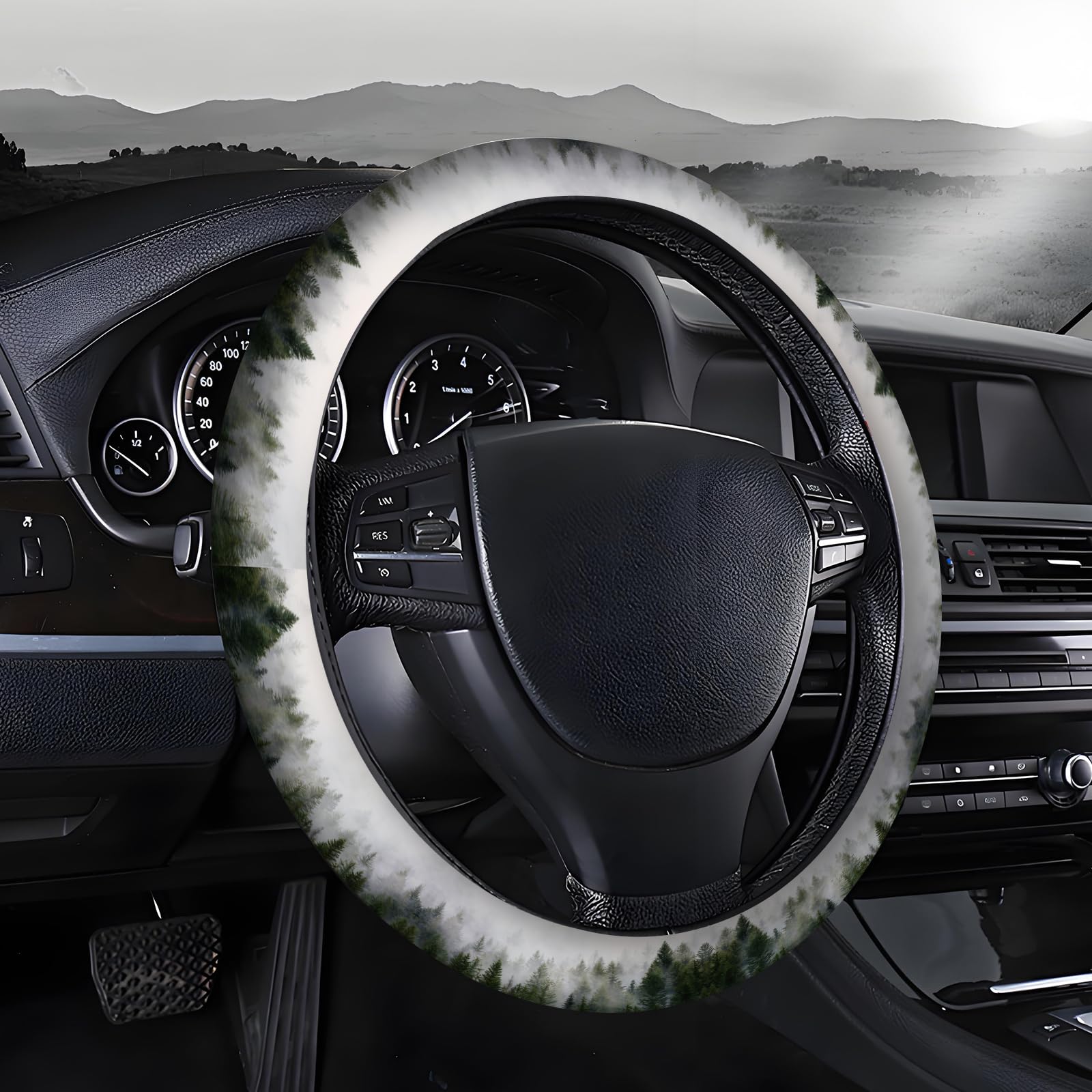 AOPEFNX Steering Wheel Covers for Car, Truck, and SUV, Cute Non-Slip Breathable Elastic Steering Wheel, Car Accessories, Universal 15 Inch Leather Cover for Men Women Green Forest