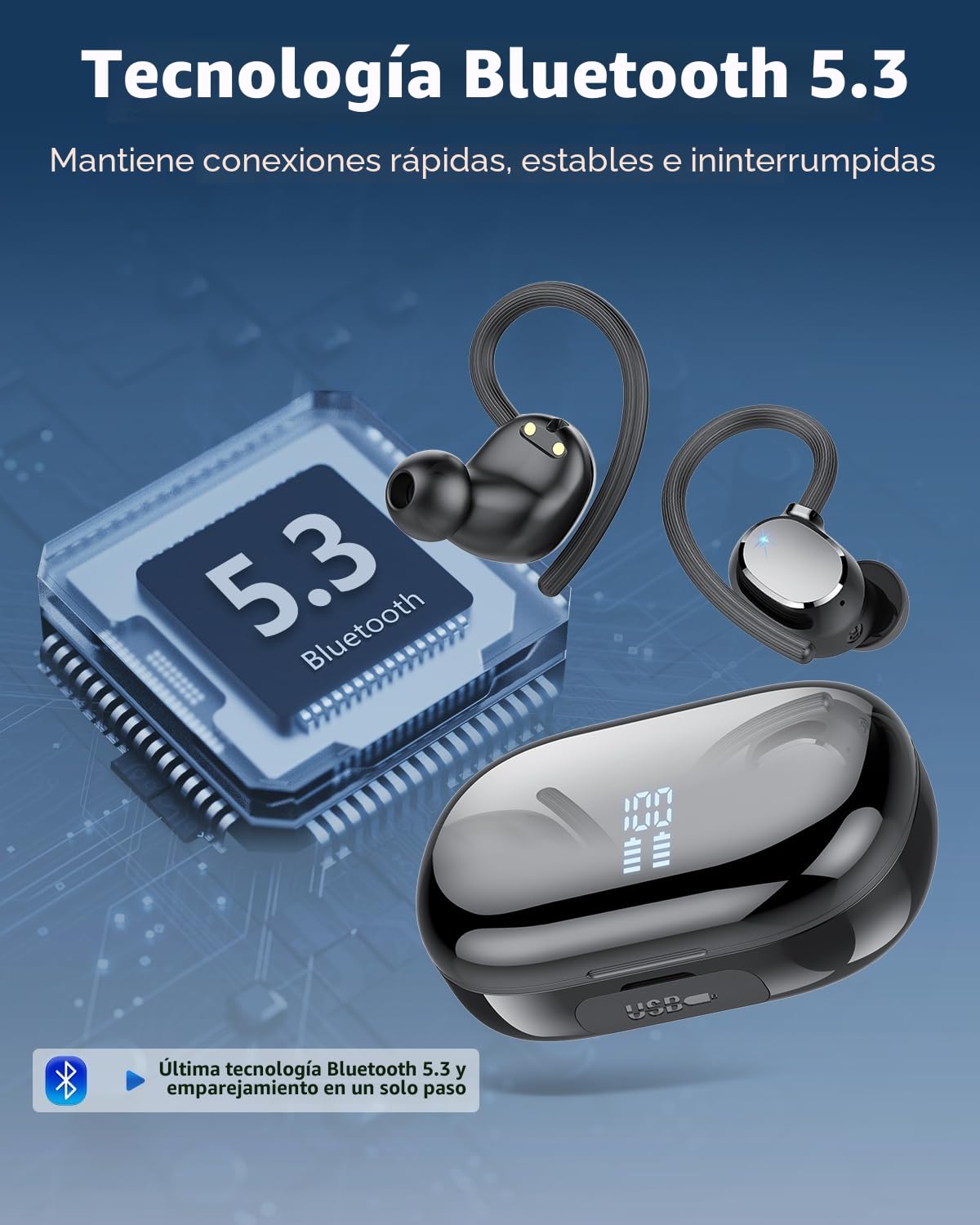 Auriculares Inalámbricos Bluetooth, Auriculares Bluetooth 5.3, 4 Mic con Reducción de Ruido ENC, 128H con Graves, Cascos Inalambricos Bluetooth IP7 Impermeable, Carga Rápida USB-C, Ajuste Cómodo