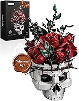 iATOM Skull Roses Flower Bouquet Building Set - Gothic Skeleton Pot Kit for Adults, Valentine's Gift for Her, Goth Home Decor Aesthetic