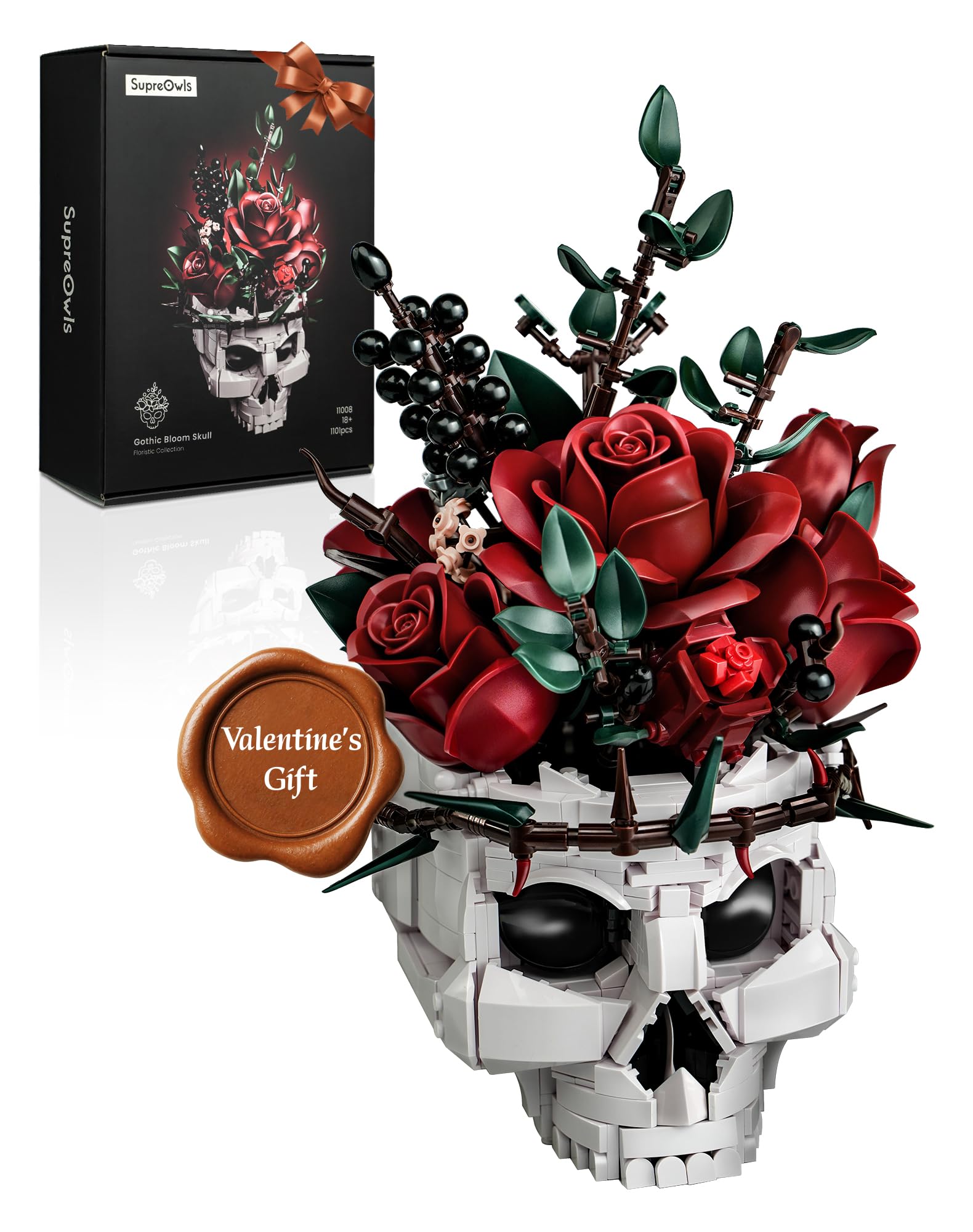 iATOM Skull Roses Flower Bouquet Building Set, Botanical Collection Kit for Adult Women, Gift for Valentines Day for Her/Girlfriend/Mom/Wife/Couple,