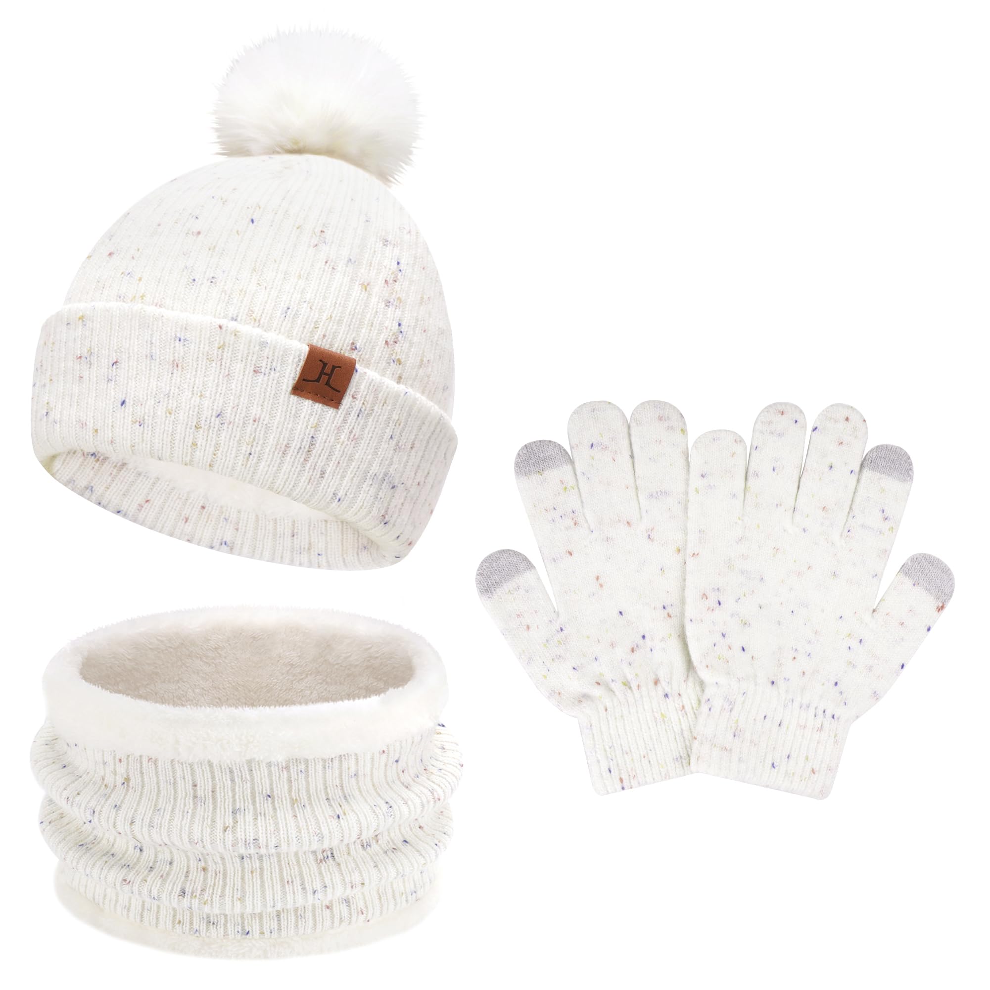 Bequemer Laden Niños Bebés Invierno Gorro con Pompon Guantes Tactiles Mitones Bufanda Conjunto con Forro Polar para 5-10 Años Niñas Niños