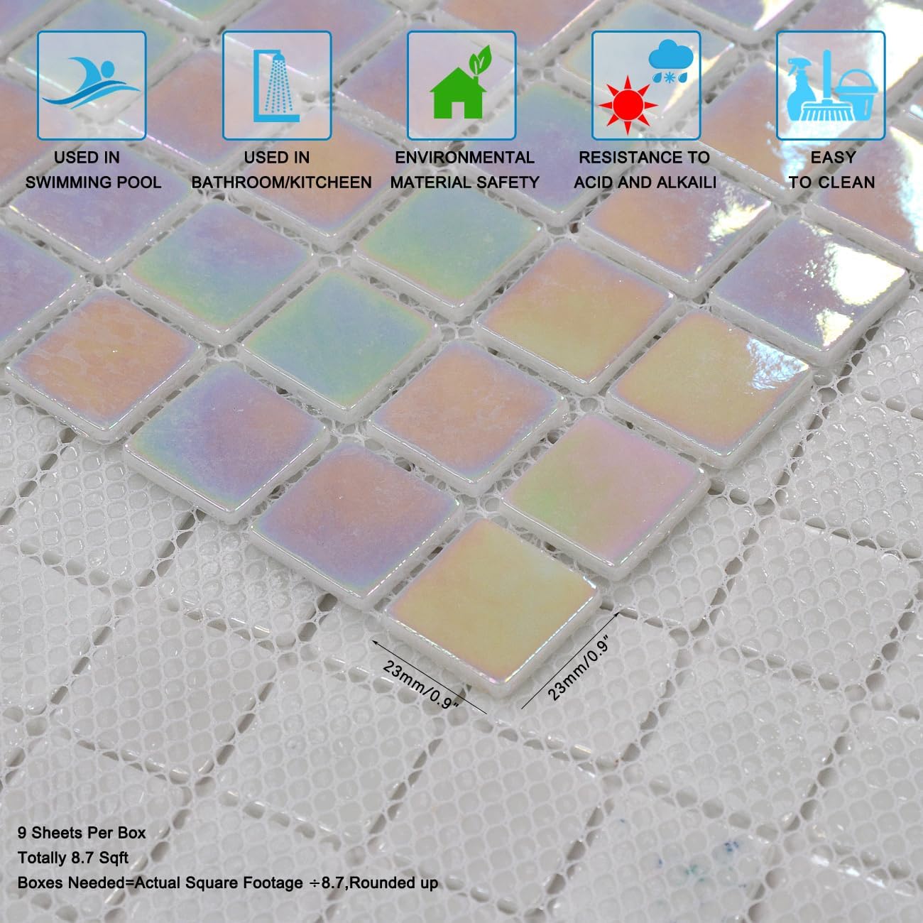 Glass Tiles for Backsplash, Iridescent Pearlescent White Glass Mosaic Backsplash Tiles for Kitchen Wall & Bathroom, 3D Convex, 8.7 Sq.Ft (Pearlescent White)