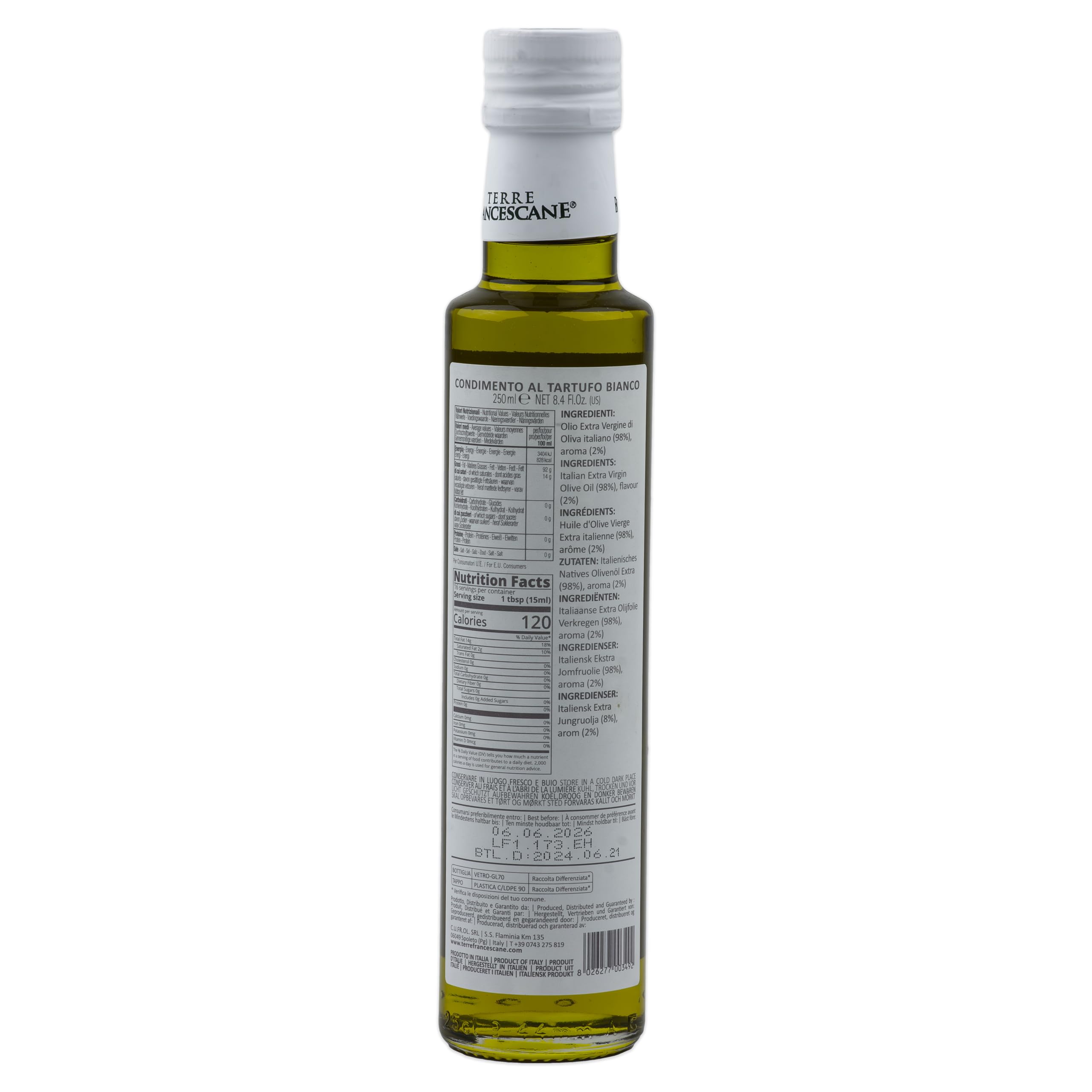 Food-United Juego de aceite de trufa 2 x 250 ml de TERRE FRANCESCANE Aceite de oliva virgen extra con aroma de trufa blanco y negro, aceite de trufa premium de Italia para gourmet de cocina gourmet
