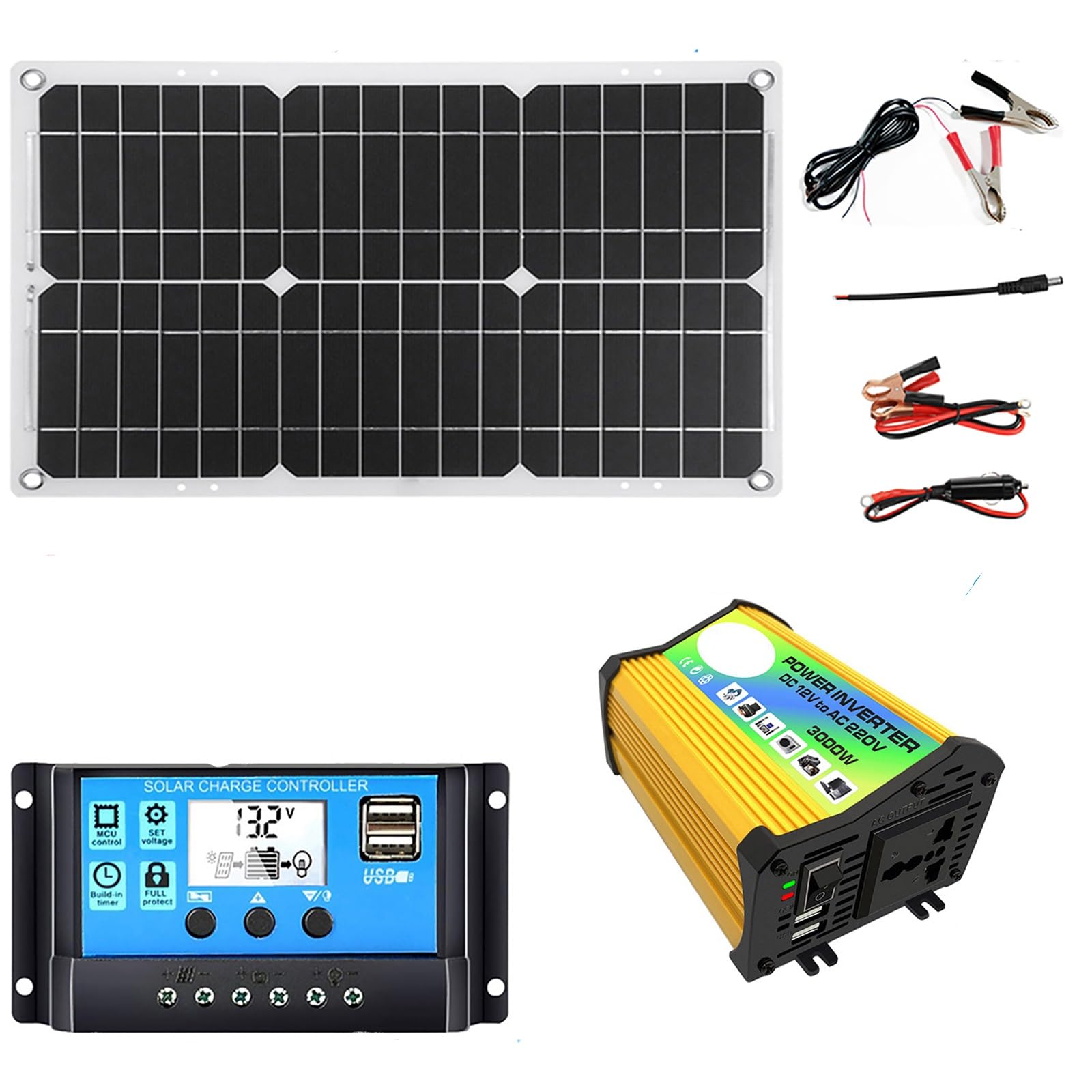 Miizoo Yellow Solar Panel Inverter Kit With Dual Usb, 18W Monocrystalline Solar Panel, 3000W Power Inverter Dc12v To Ac110v/220V, 30A Pwm Charge Controller – Portable Solar Power System For Camping And Travel(Yello