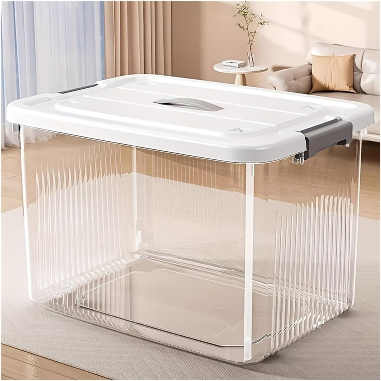 Set of 3 Transparent Plastic Storage Bins with Wheels - Extra-Large Stackable clear Containers Featuring Hidden Caster Wheels And Handles, Under-Bed Storage for Closets(Large-black)