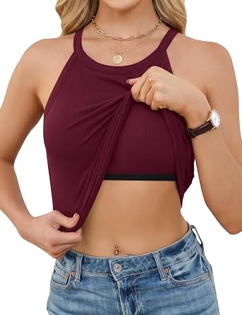 Halter Tops for Women with Built in Bra Padded Tank Ribbed Shirts | High Neck Summer Casual Sleeveless Basic Cami, Removable Breast Pads, Cotton Camisole, Stretchy Undershirts, Workout Clothes