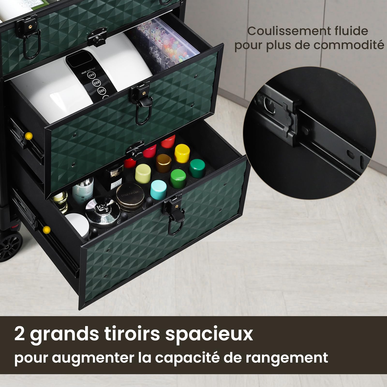 Valise Maquillage, Malette de Manucure et de Coiffure avec Roues 360°, Manche Téléscopique, 2 Plateaux et 2 Tiroirs, Imperméable, Vert