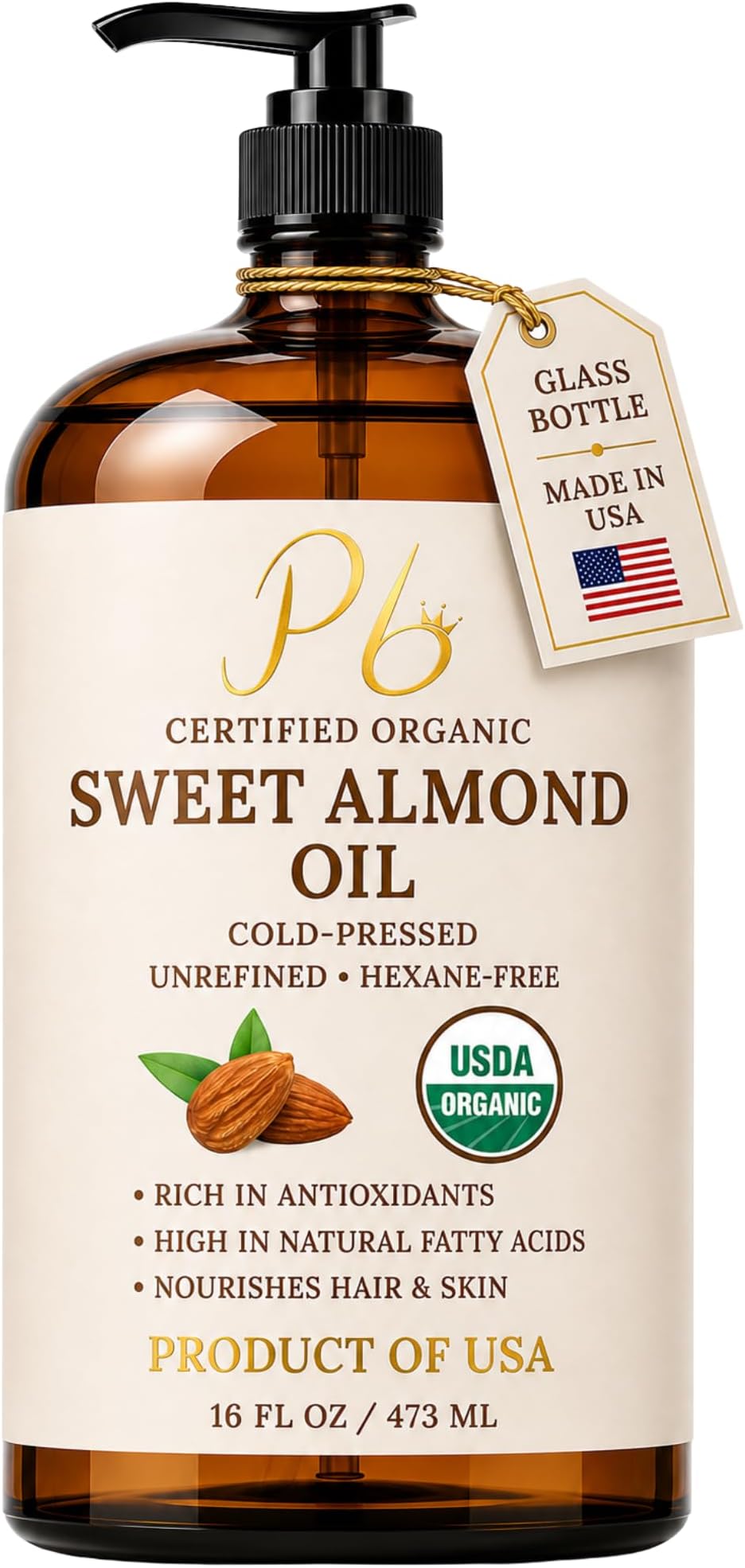 Pomberries Almond Oil, USDA Organic Sweet Almond Oil for Skin | 16 fl oz Glass Bottle, Cold-Pressed, Unscented, Hexane-Free, Helps Nourish Skin, Hair & Body