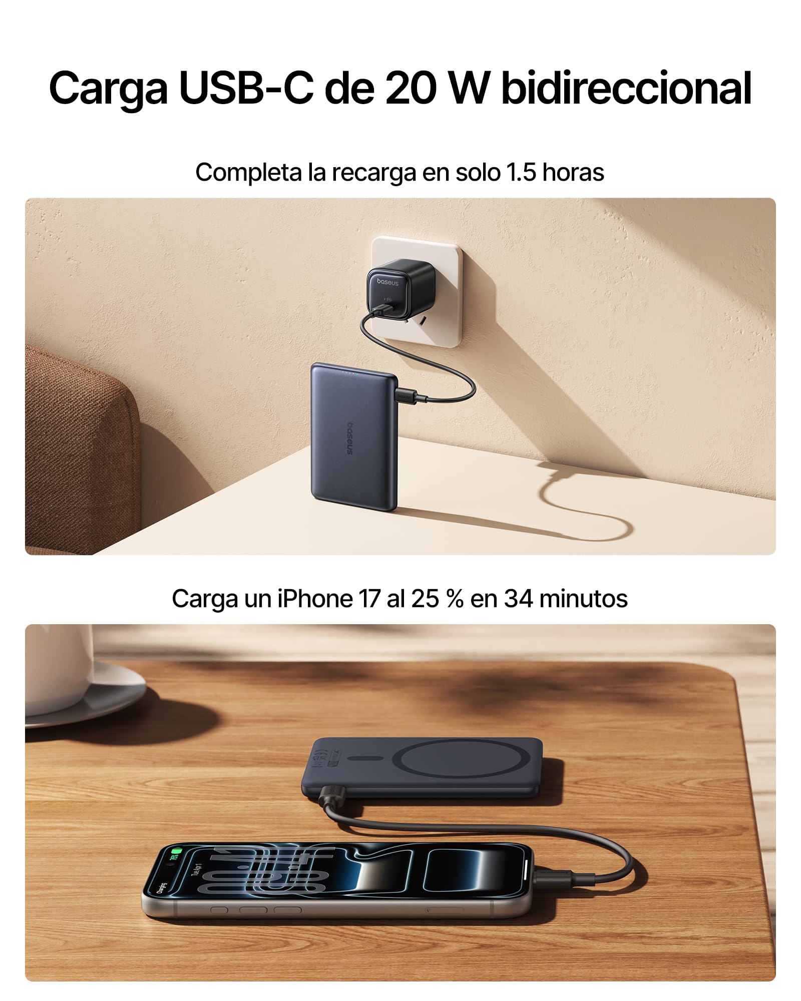 Baseus Picogo AM31 20W Bateria Externa Magsafe, 5000mAh Ultra Fino Power Bank Magsafe con Cable USB C, Bateria Portatil Magnetica, para iPhone 17/16/15/14/13/12, Gris