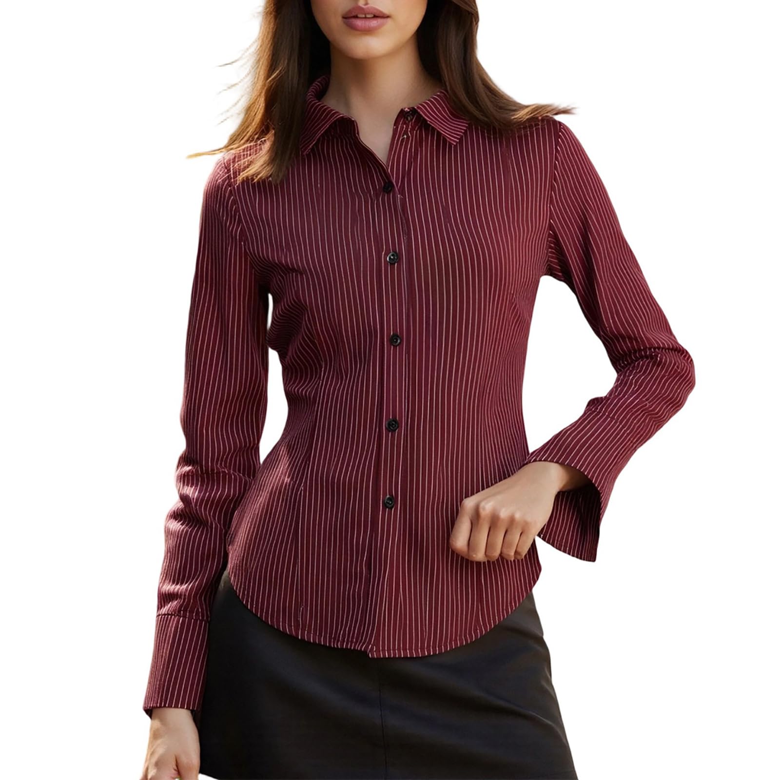 Womens Y2k Long Sleeve Plaid Shirts Lapel Collar Slim Fit Basic Button Down Shirts Ladies Cute Babydoll Blouse Tops Spring Fall Clothes