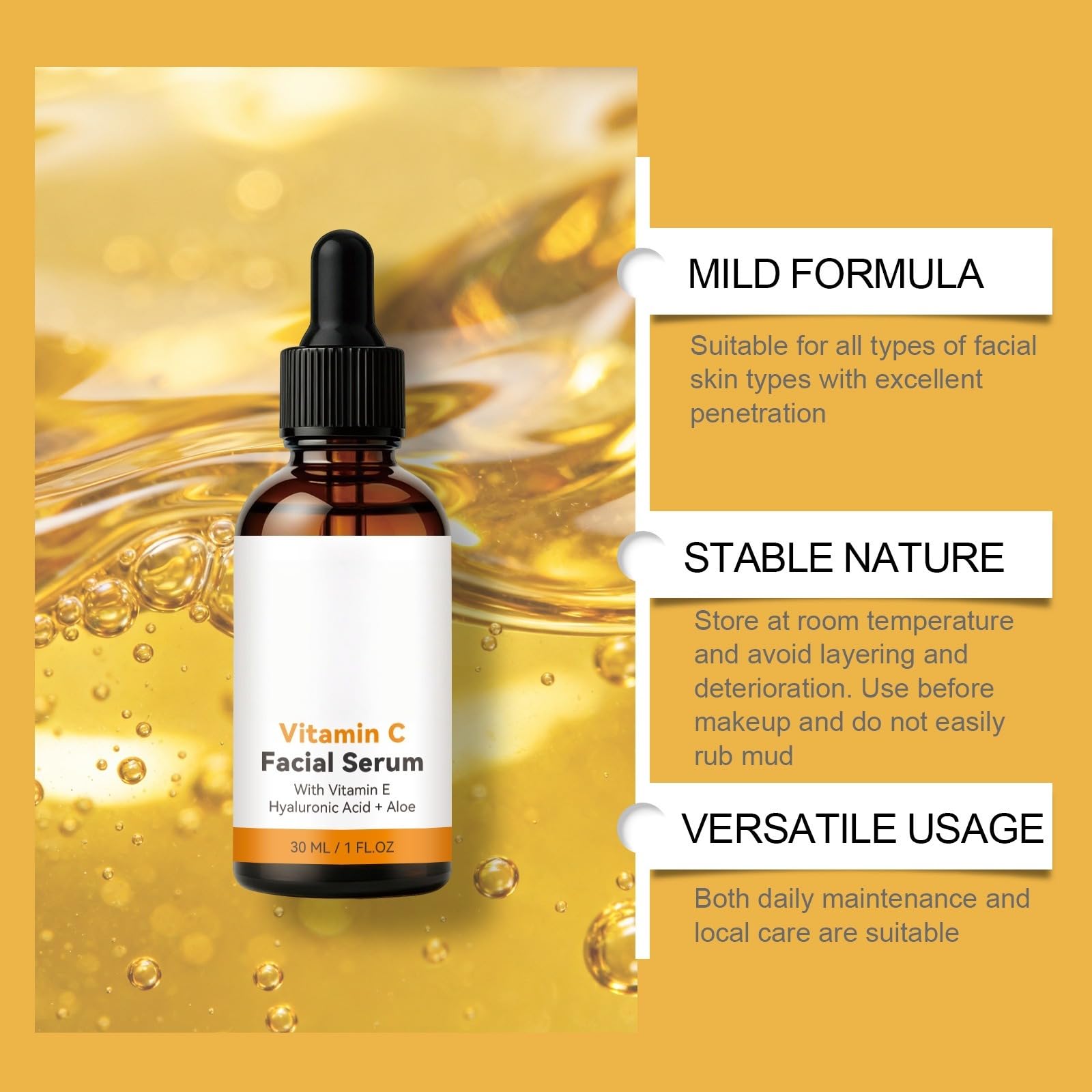 Serum witaminy C - Serum przeciwstarzeniowe Witamina C z kwasem hialuronowym, witamina E, aloes - Serum świecące dla ciemnych plam, cienkie linie i zmarszczki, przeciw ciemnemu kołu, przeciw