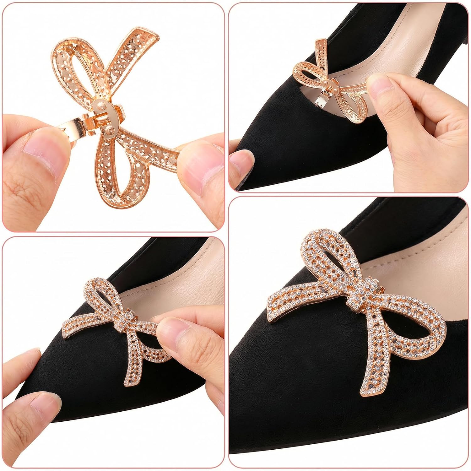 4 Pcs Shoe Bows Clips for Women, Rhinestone Bow Clip on Shoe Embellishments, Silver & Gold Crystal Shoes Charms for Heels, Party & Wedding Accessories (6.5x4cm)