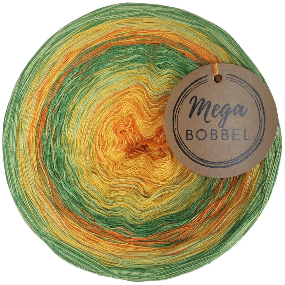 MegaBobbel*Strudel mit Grün & Gelb*A473* (Außenfarbe: Froschgrün+Blattgrün) Farbverlaufsgarn - Lace Garn Bobbel Wolle zum Häkeln & Stricken - 50% Baumwolle/50% Polyacryl (4 fädig, 3750m)