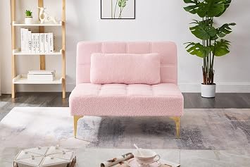 35.5" Convertible Single Sofa Chair, Small Futon Chair with Adjustable Backrest, Comfy Armless Accent Chair with Pillow, Modern Mini Couch Bed with Gold Metal Legs for Living Room, Bedroom, Pink
