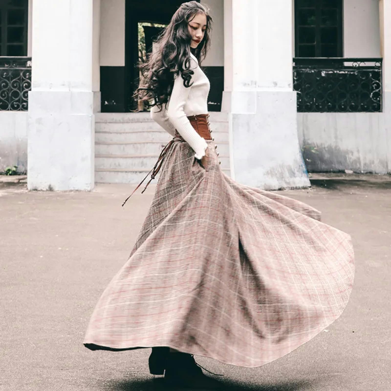 Spódnica elegancka vintage z wysokim stanem guzik design z tyłu koronkowa spódnica damska jesień zima gruba linia A długa spódnica maxi