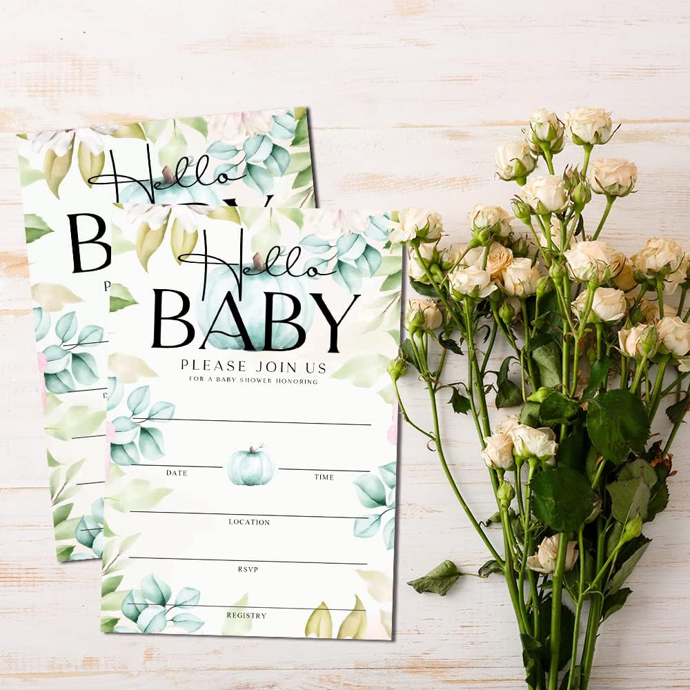 Fall Little Pumpkin Baby Shower Hello Baby Invitations Sweet Pumpkin, Fall Leaves, Autumn Theme, Pack of 20 Fill-in Invitation Cards & 20 Envelopes, 4''X6'', Gender Reveal Neutral - JY055