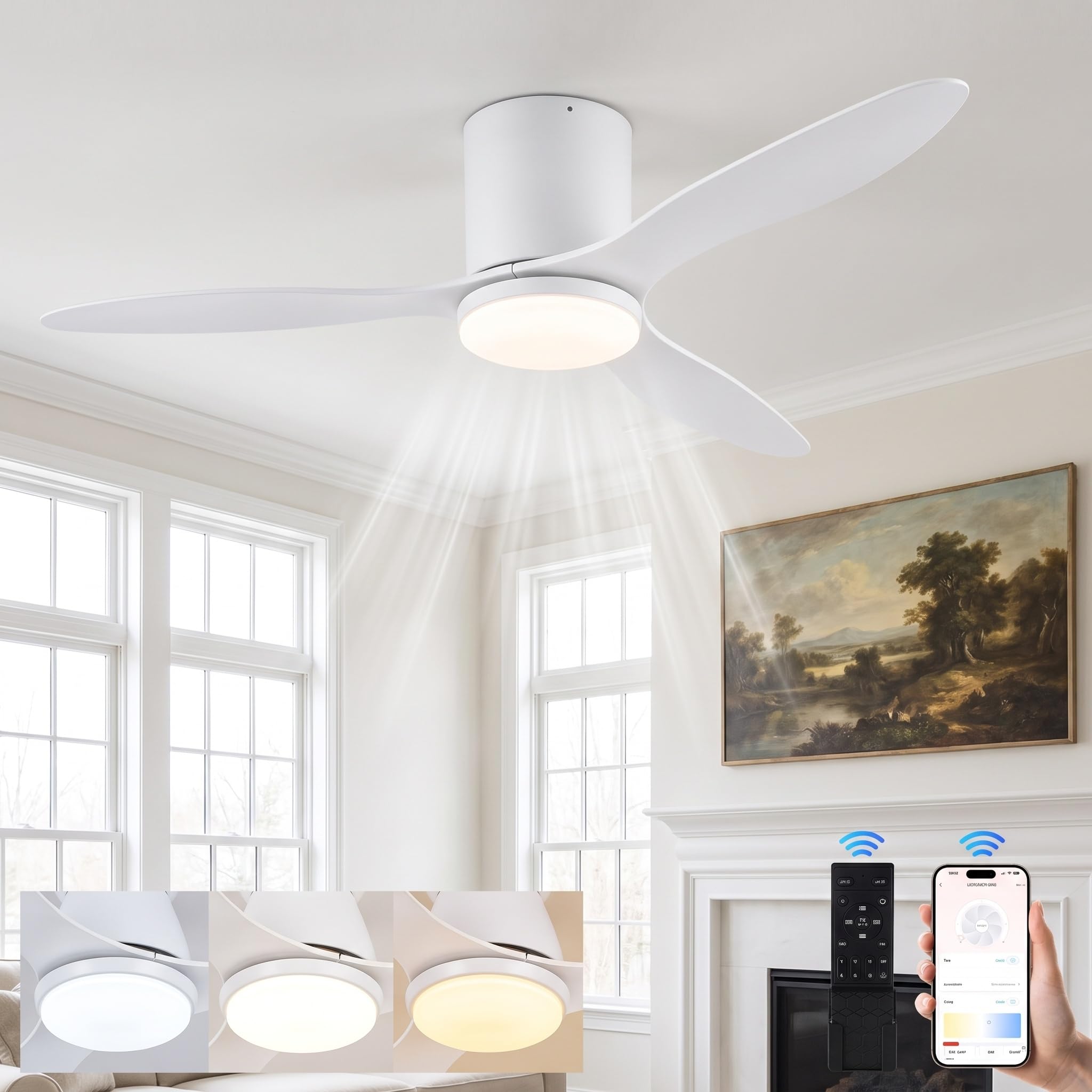 Panana Ceiling Fan with Light and Remote, 52 Inch Large Fan Light LED Dimmable 3000K-6500K, 6-Speed Quiet Ceiling Fan for Bedroom, Hallway, Kitchen, Living Room (White)