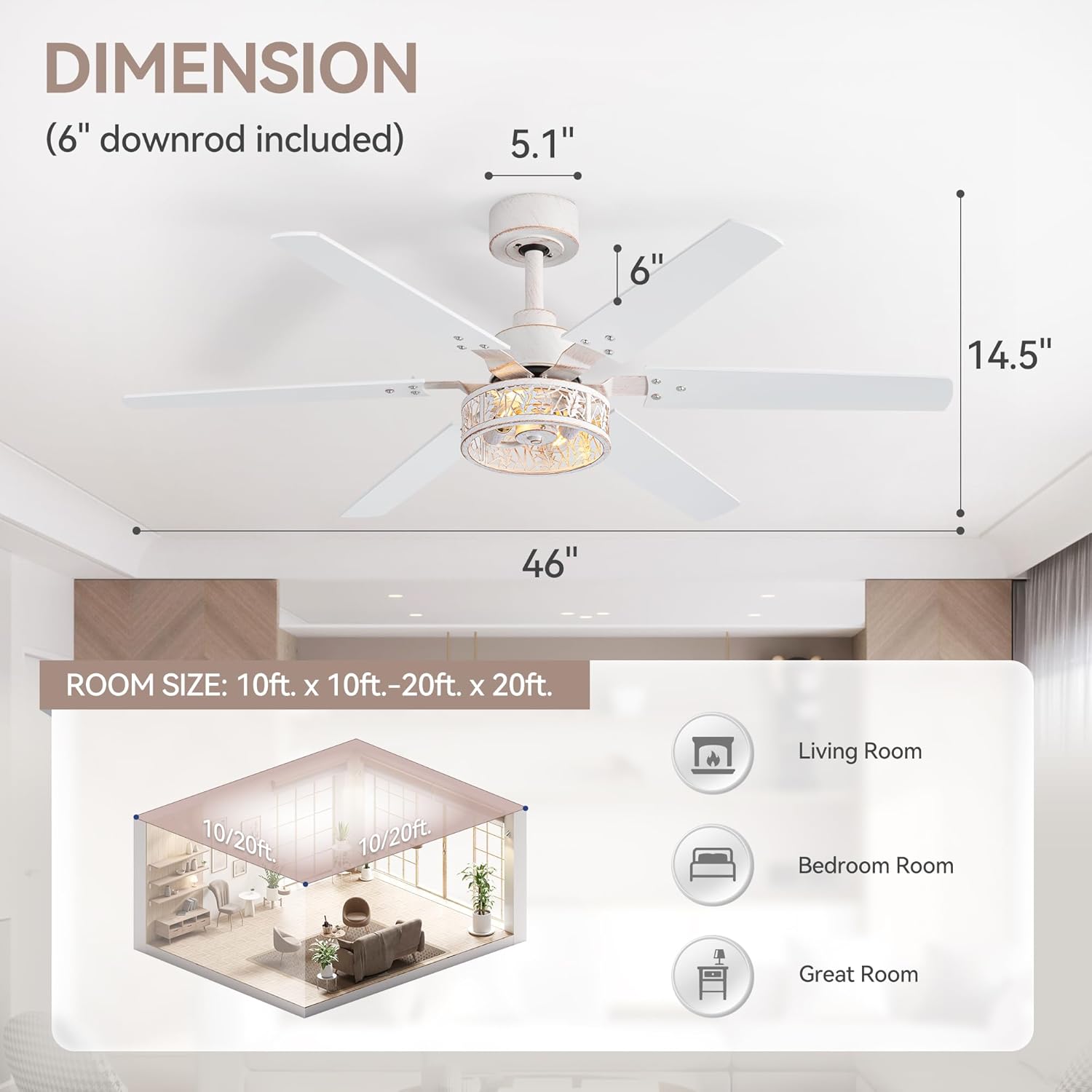 2 Pack 46-Inch Farmhouse Ceiling Fans with Lights and Remote, Dual Color 5 Blades, 6-Speed Reversible DC Motor, Indoor/Outdoor Industrial Ceiling Fan Caged Fandelier for Bedroom Living Room