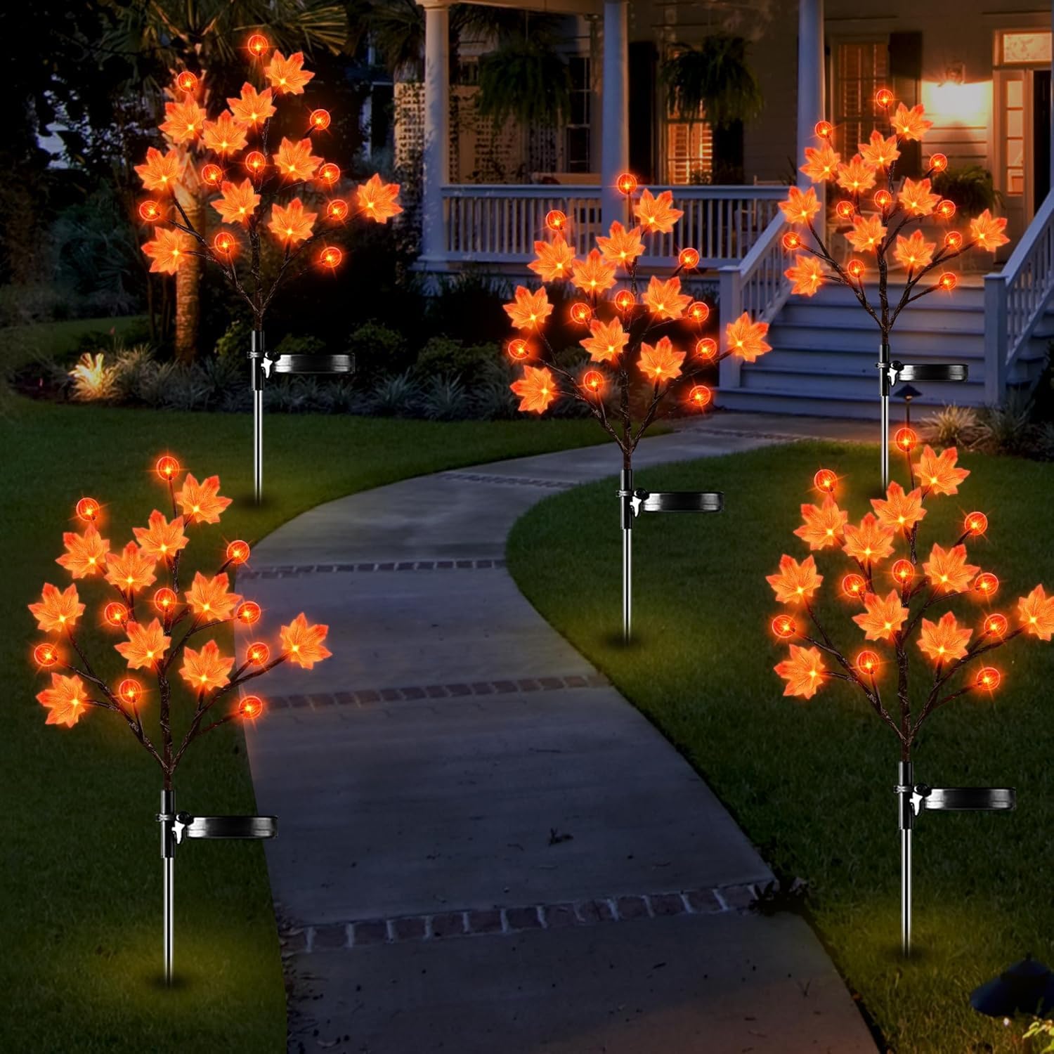 2 Pack 40LED Solar Outdoor Maple Leaf Lights for Fall Decor-3D Maple Pumpkin Thanksgiving Lights with 2 Modes | Waterproof Solar Garden Lights for Yard, Pathway, Halloween, Christmas Decorations - Image 5