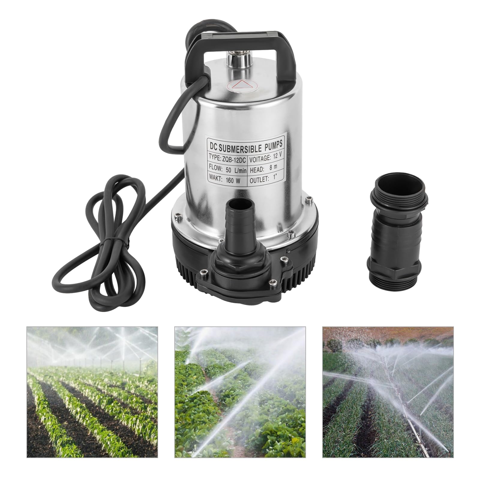 Pompa głębinowa 12 V, 160 W, kolor chromu, 6000 l/h, pompa brudnej wody z 3 średnicami wylotowymi, wysokość tłoczenia 9 m, do ogrodu i nawadniania