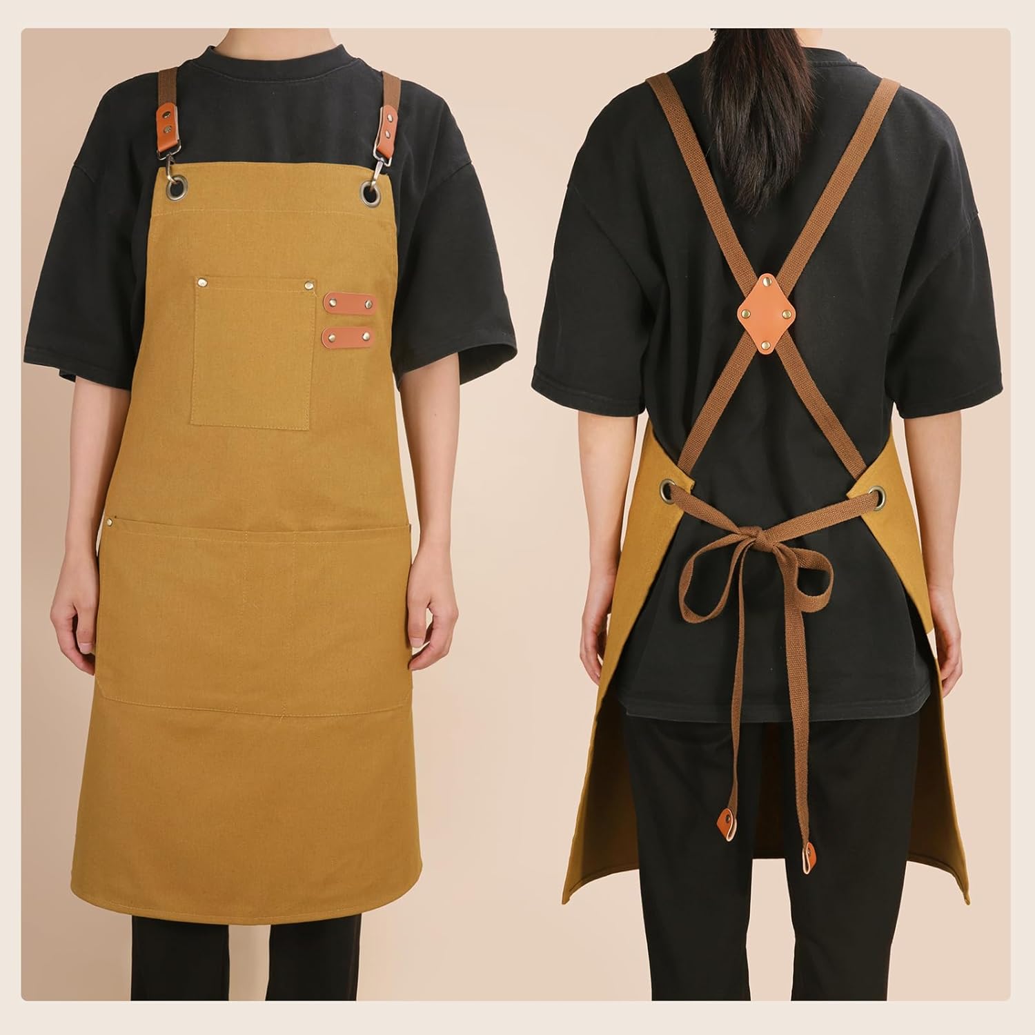 Chef Aprons for Men Women with Large Pockets, Cotton Canvas Water Repellent Kitchen Apron for Cooking - Image 4