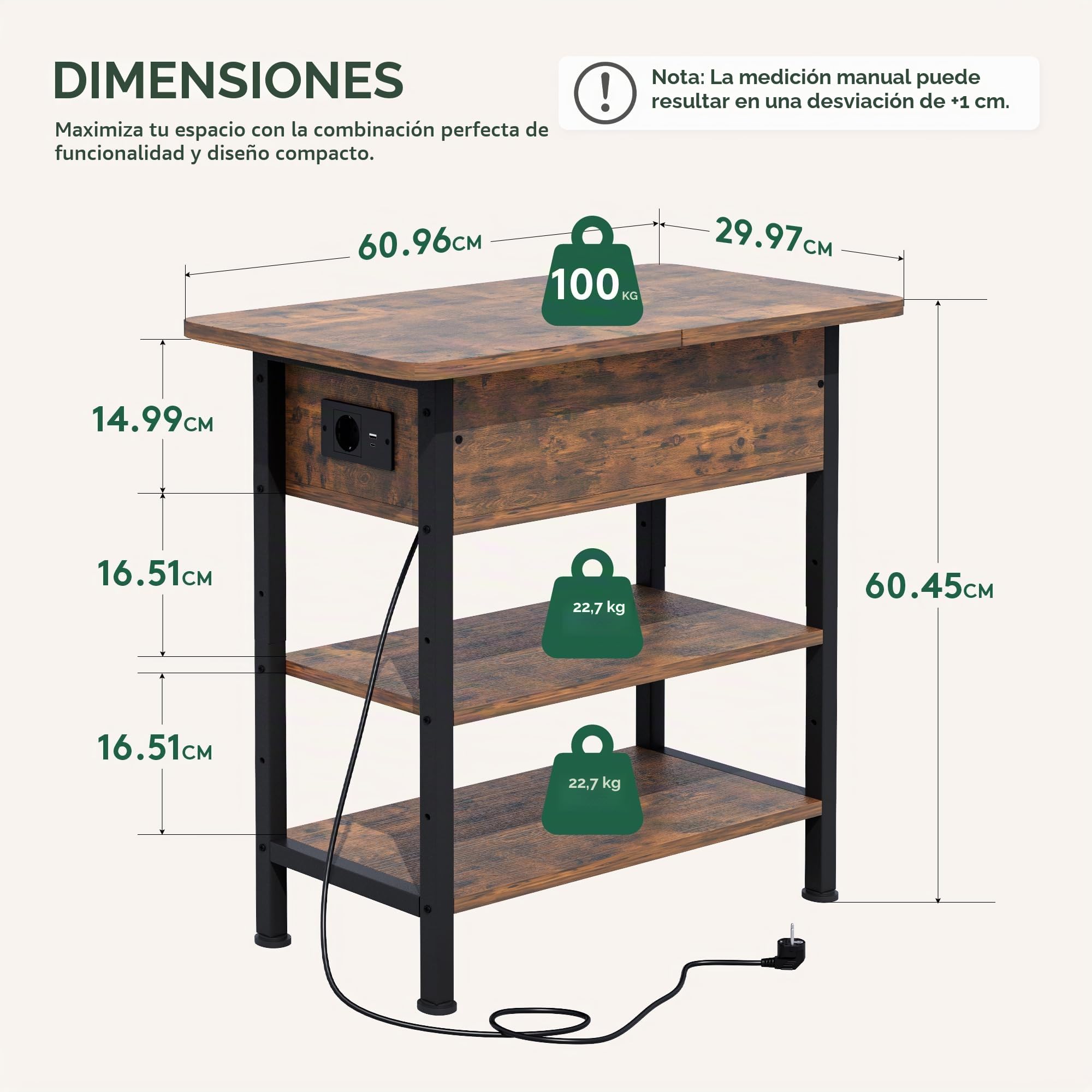 Mesa Auxiliar Pequeña con Multienchufe, Mesa Lateral Estrecha Madera
