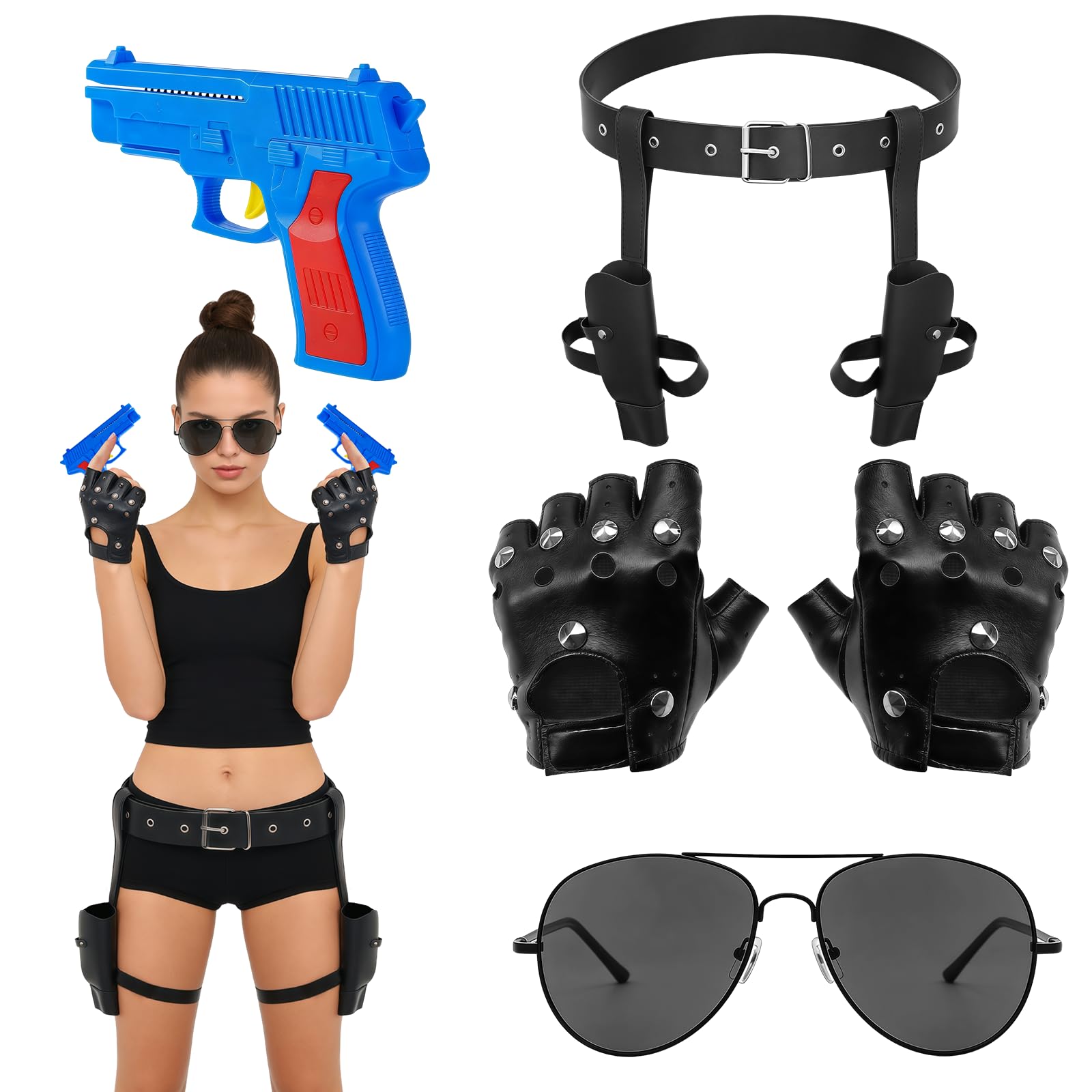 MFUOE 5Pcs Halloween Thigh Holsters Costume Glove, Black Sunglasses, Ancy Dress Accessory And 2 Pistols Adventure Explorer Costume Set for Movie Character Dress Up Halloween Fancy Dress Parties
