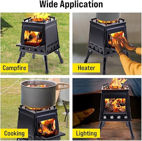 Miniatura 5 de Japard Estufa de campamento de leña, estufa de leña portátil de hierro fundido, estufa de leña negra con estuche de transporte para mochileros