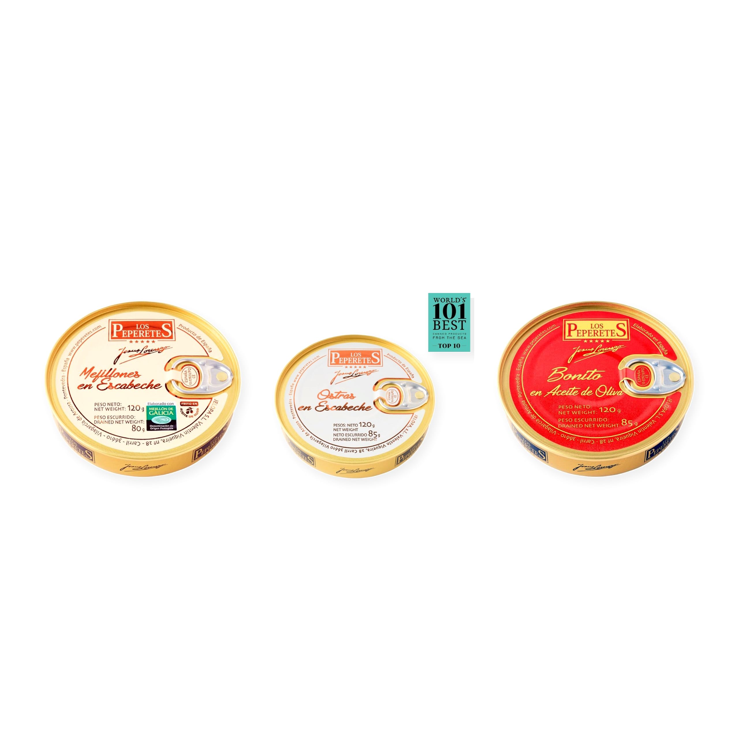 los peperetes conservas Mejillones Escabeche 10-12, Ostras Escabeche y Bonito Aceite Oliva pack 3 latas