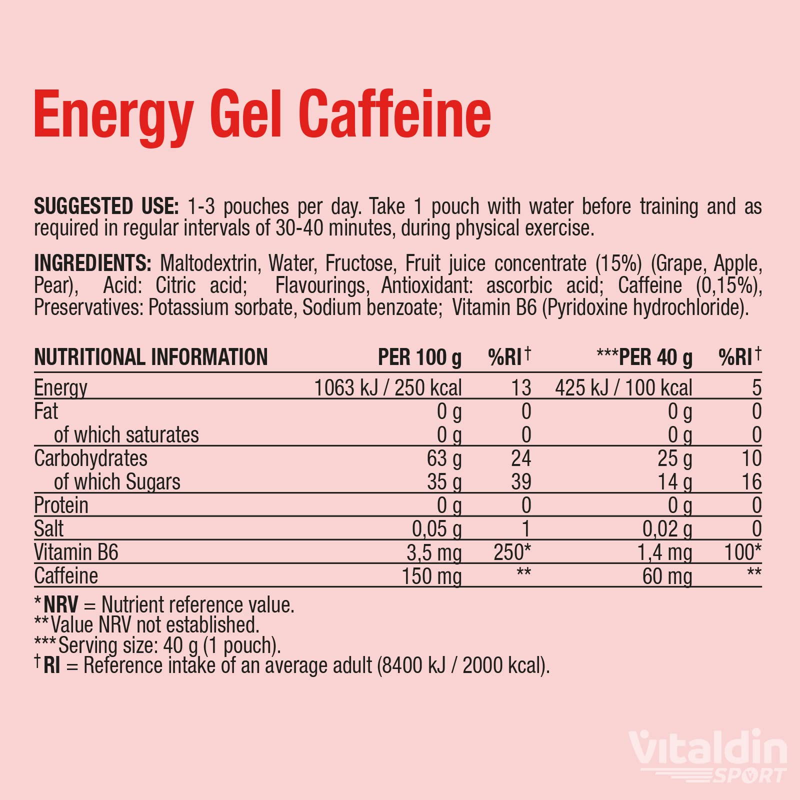 VITALDIN SPORT Energy Gel Caffeine – 24 Geles x 40 gr – Gel Energético sabor Frutos Rojos con 60 mg de Cafeína & Vitamina B6 – Energía rápida y sostenida en Running, Ciclismo & Deportes de Resistencia