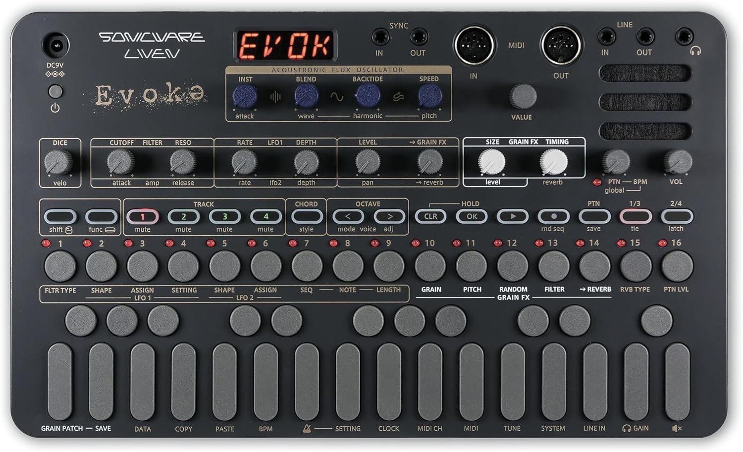 Top-down view of the Sonicware Liven Evoke synthesizer, showing all controls and connections.