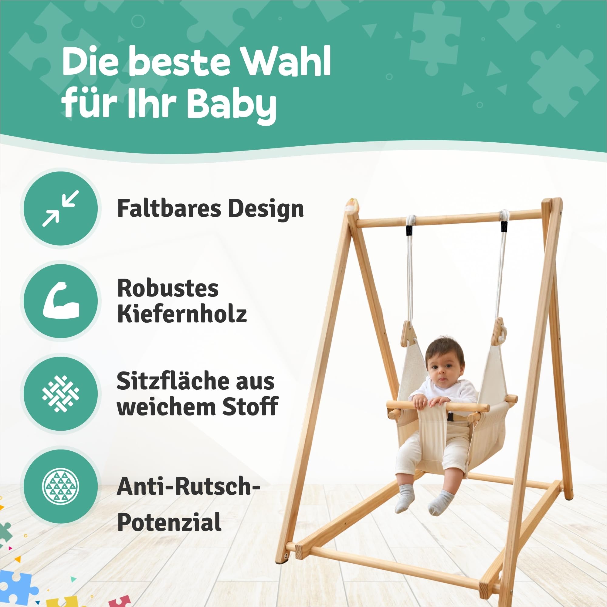 Holz Babyschaukel mit klappbarem Schaukelsitz, Babyschaukelstuhl & Baby Swing aus Kiefernholz, Holzspielzeug für Babys, Indoor & Outdoor Kinderschaukel für drinnen und draußen, sicherer Babysitz
