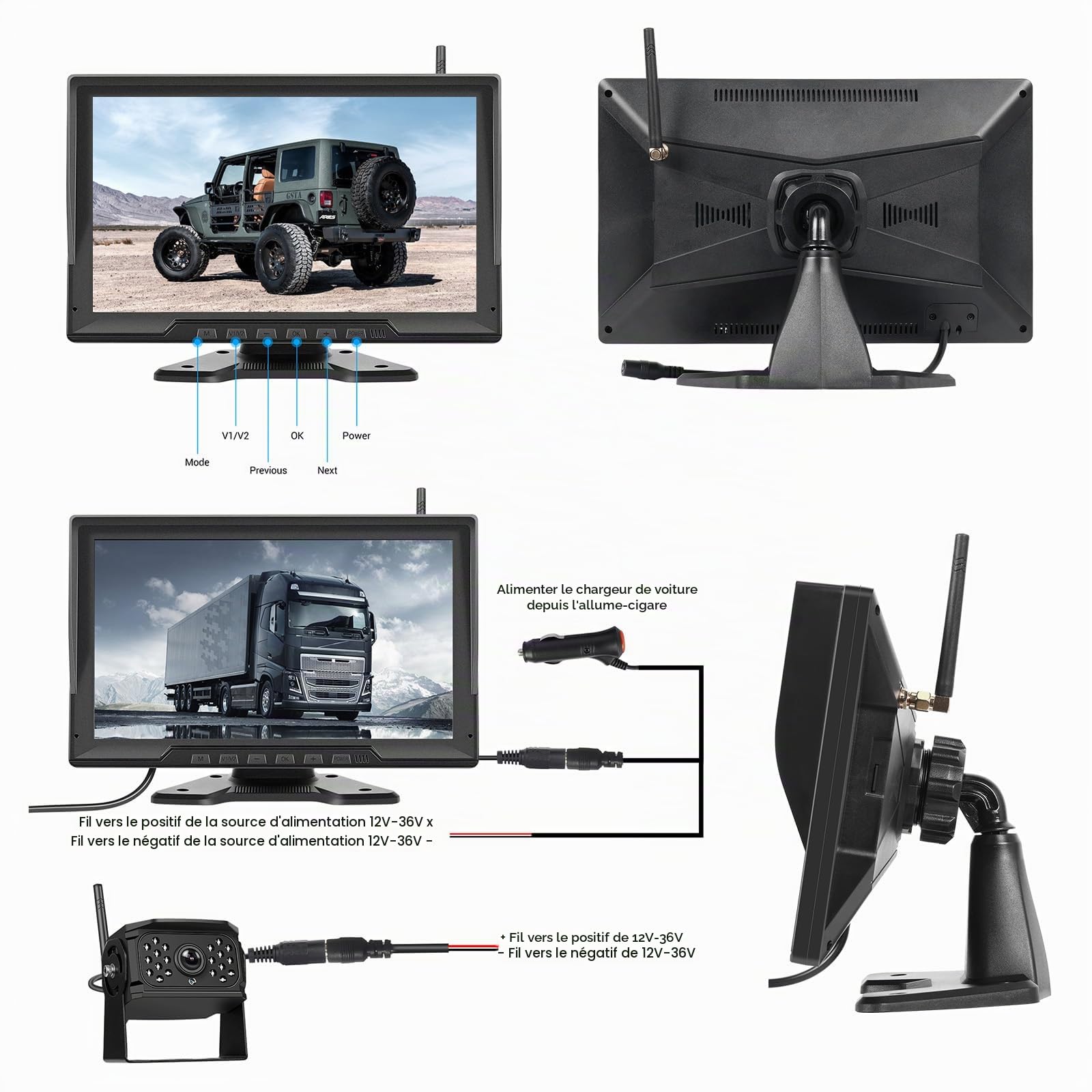 CAMECHO Kit Caméra de recul sans Fil avec écran 10.1" IPS 720P DVR +2 Caméras Étanche Vision Nocturne, Enregistrement en Boucle/Affichage Divisé 2 Vues/Inversion Image pour Véhicules Utilitaires