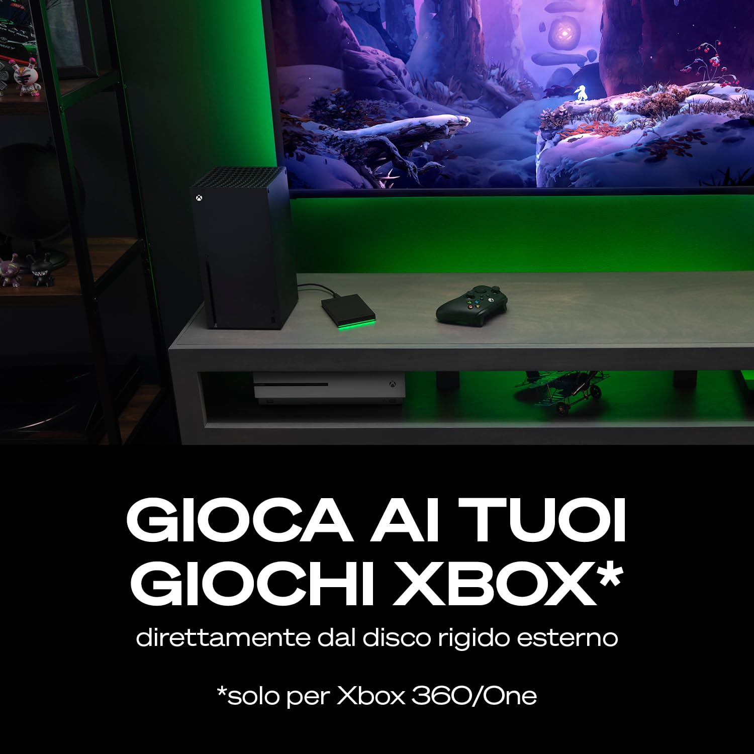 Seagate Game Drive per Xbox 2TB, Hard disk esterno, USB 3.2 Gen 1, illuminazione LED RGB, Nero, Data Rescue Service (STKX2000403)