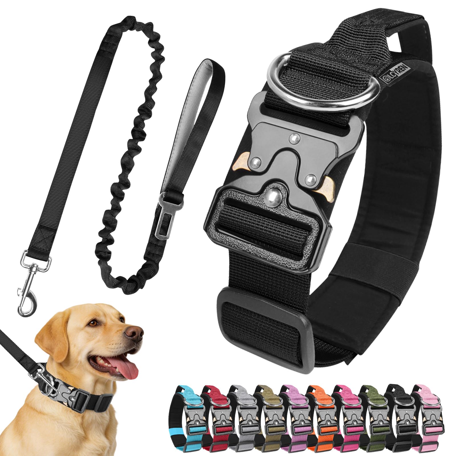 Olcyren Dog Collar and Lead Set, Tactical Dog Collar, Nylon Adjustable Dog Collar with Handle, Soft Padded Pet Collars with Heavy Duty Metal Buckle for Medium Large Dogs Training (Black, L)