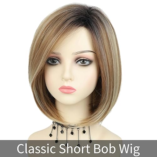 Miniatura 6 de RENERSHOW Pelucas cortas rubias estilo Bob para mujeres blancas, rubio degradado, con reflejos, peluca Pixie Bob con flequillo, longitud de barbilla