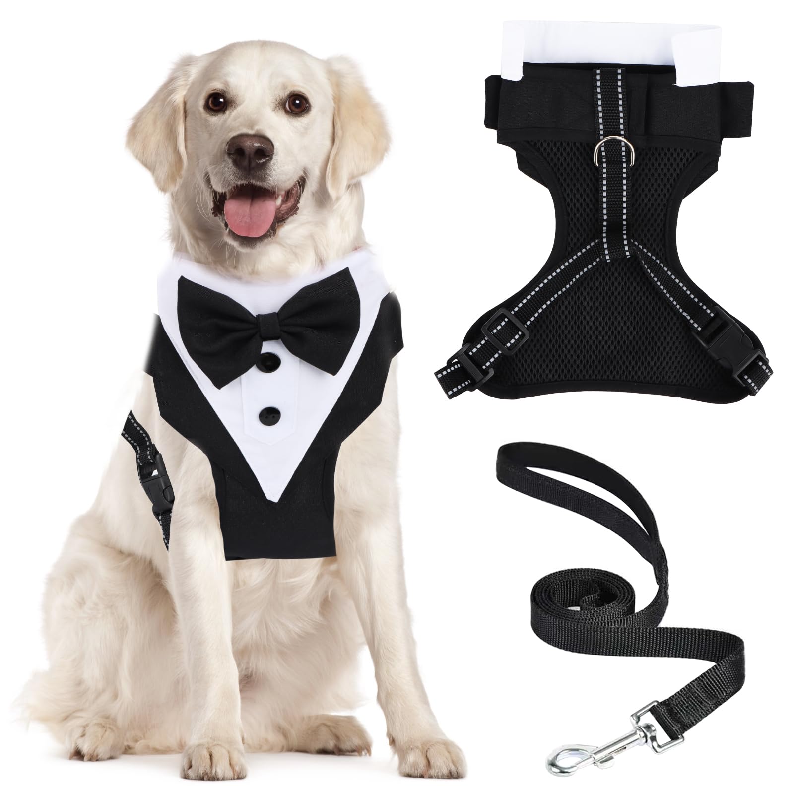 Pañuelo para esmoquin para perros con correa de arrastre, bandana ajustable para mascotas, pañuelos para la cabeza para bodas, cumpleaños, Navidad, collar para perros y gatos (negro blanco)