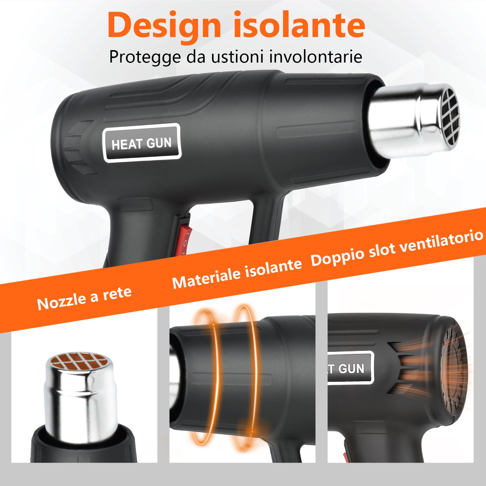 Pistola ad Aria Calda & Pistola Termica Professionale 2000W | 4 Ugelli, 60-600°C (2 Livelli), Riscaldamento Rapido | Sverniciare, Saldare, Tubi Termoretraibili | Protezione Surriscaldamento, Ignifugo