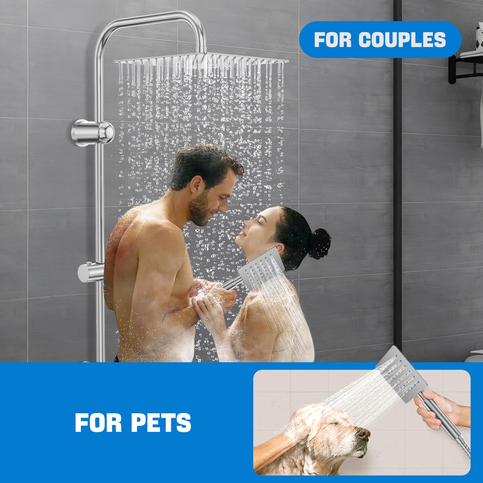 Columna Ducha Completa sin Mezclador, Duchas de Baño Columna en Acero Inoxidable, Cromado con Cabezal de Lluvia 30x30 cm y Soporte Ajustable
