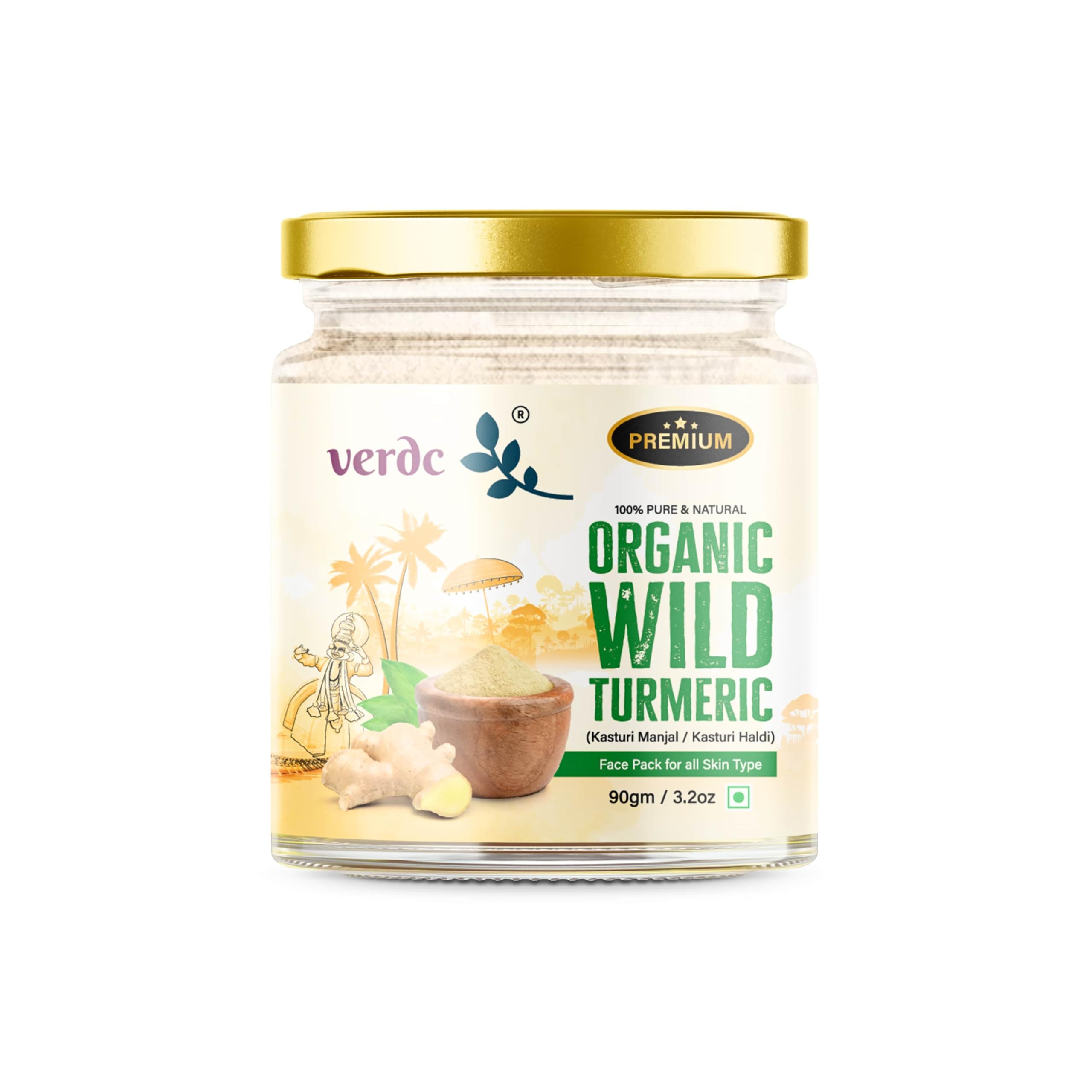 Verdc - 100% Natural Organic Kasturi Manjal | Wild Turmeric/Haldi For Glowing Skin, Dark Spots, Acne Control, De-Tan - (Face Pack Powder For All Skin Type) - 90 gm