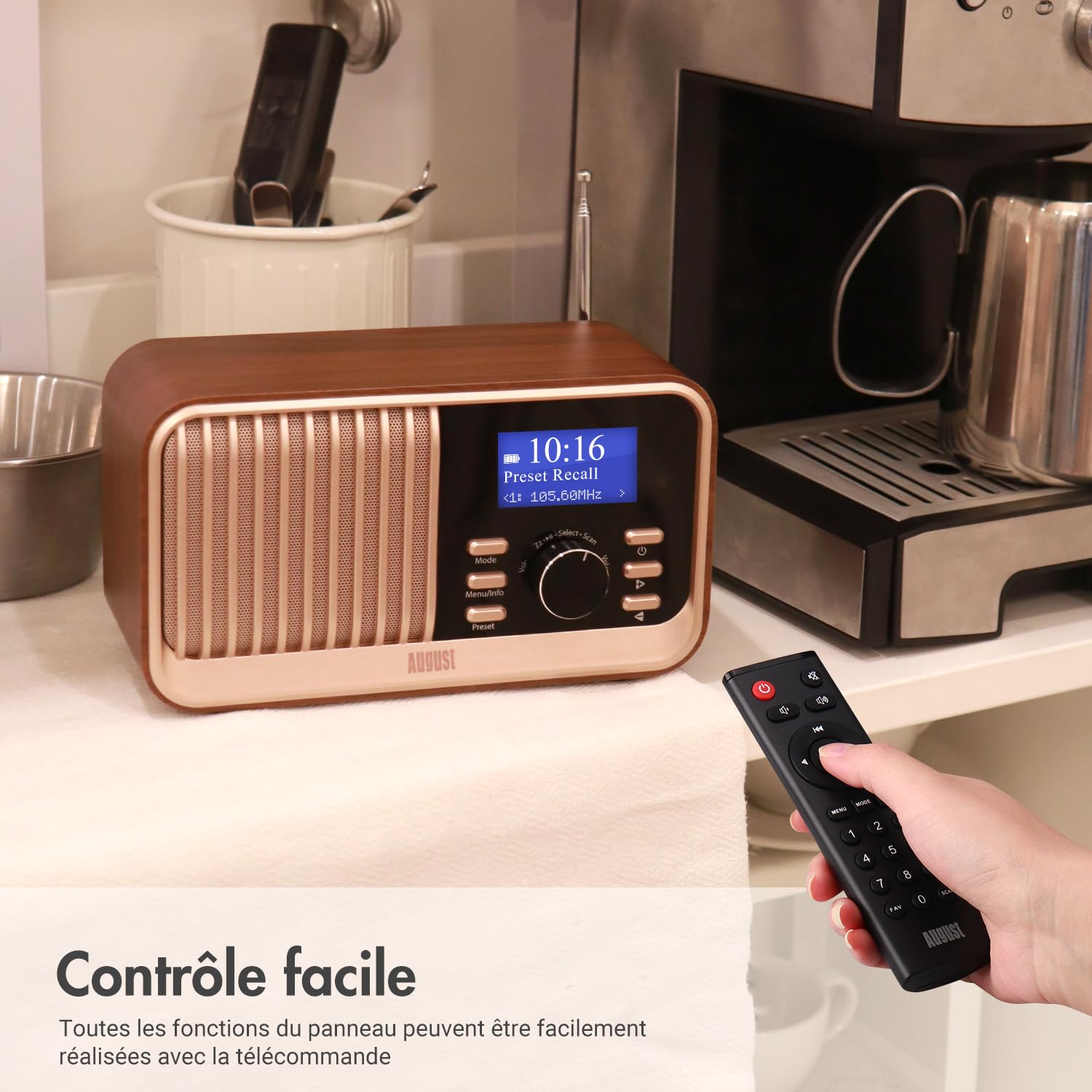 August MB450K - Radio Dab/Dab+/FM Rechargeable Double Réveil, Radio Portable Rétro avec 60 Présélections, Haut-Parleur Bluetooth 5.3, USB/AUX/Carte MicroSD, Autonomie 18H et Télécommande - Chêne