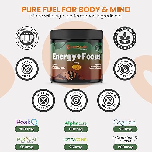 Miniatura 9 de Earth Nutri Energy + Focus, Energy Boost & Memory Enhancer con polvo de acetil L carnitina, L-tirosina, Peak02, AlphaSize, Cognizin, PurCaf, y