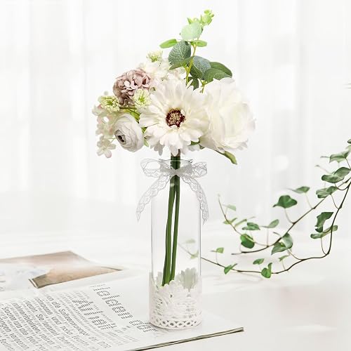 Uguisu Arificial Flowers with Lace Glass Vase, Single Flower in vase, Faux Flowers in Vase offee Table Decor, Flowerfake Flowers with pots Fake Flowers in Glass(White)