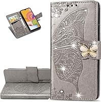 Vista 9 de Funda compatible con Galaxy A32 4G con diseño de mariposa con diamantes en relieve, de piel sintética, ranuras magnéticas para tarjetas con soporte
