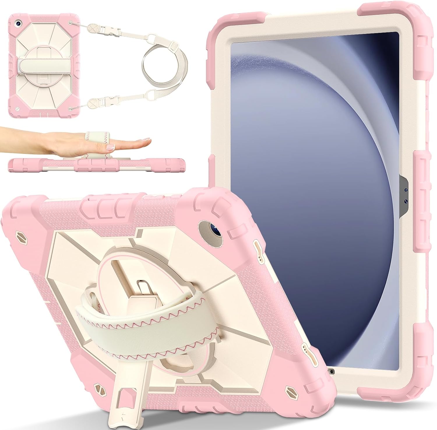 Case for Samsung Galaxy Tab A11+ 11 Inch 2025 (X230/X236B)/A9 Plus(X210/X216/X218), Heavy Duty Shockproof Rugged 360 Rotating Hand Strap Protective Case for Tab A11 Plus Rose Gold+Cream Stone image 2