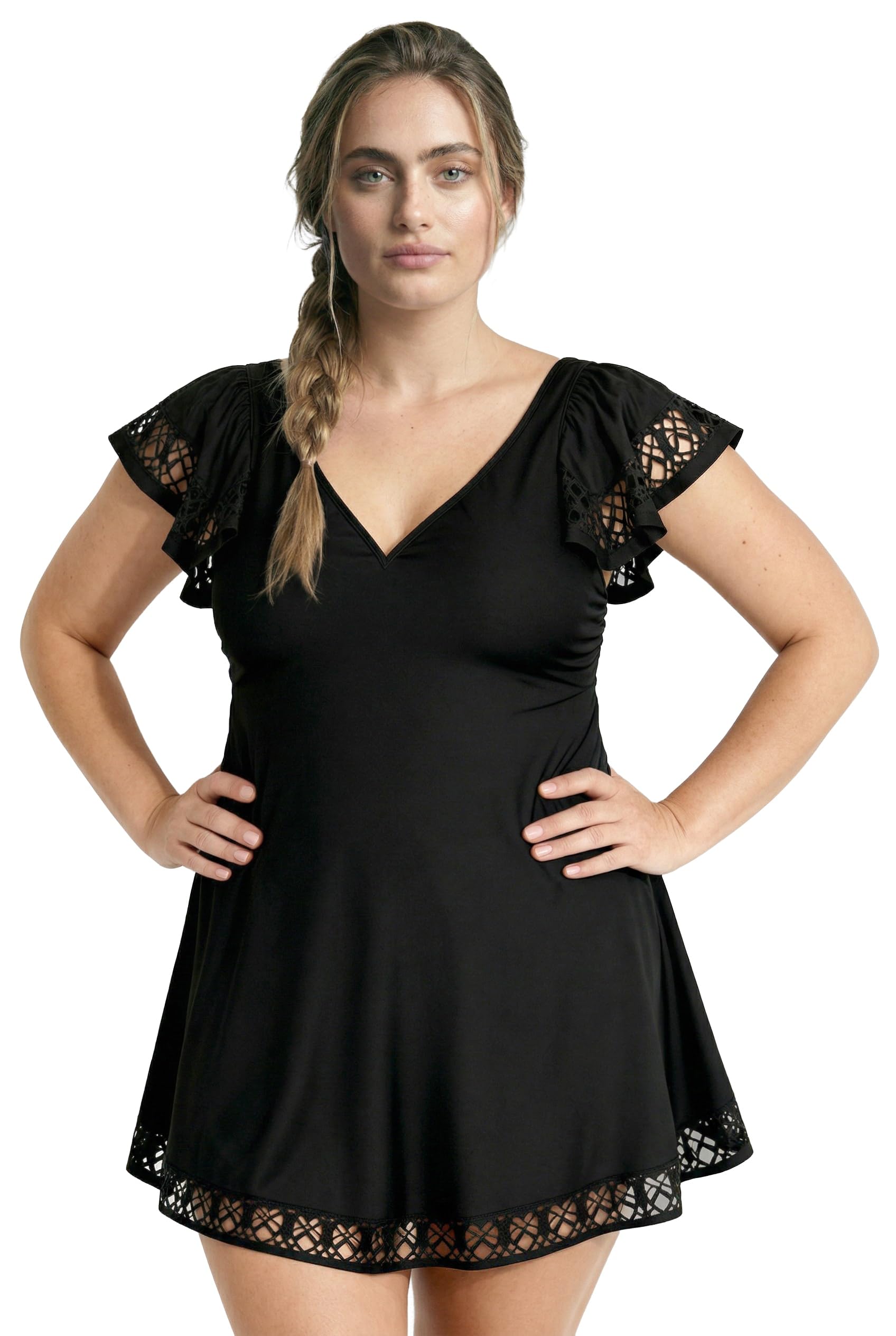 Ulla Popken Damen große Größen Übergrößen Plus Size Badekleid, Flügelärmel, Softschalen, Lasercut-Muster, Bügel 816217