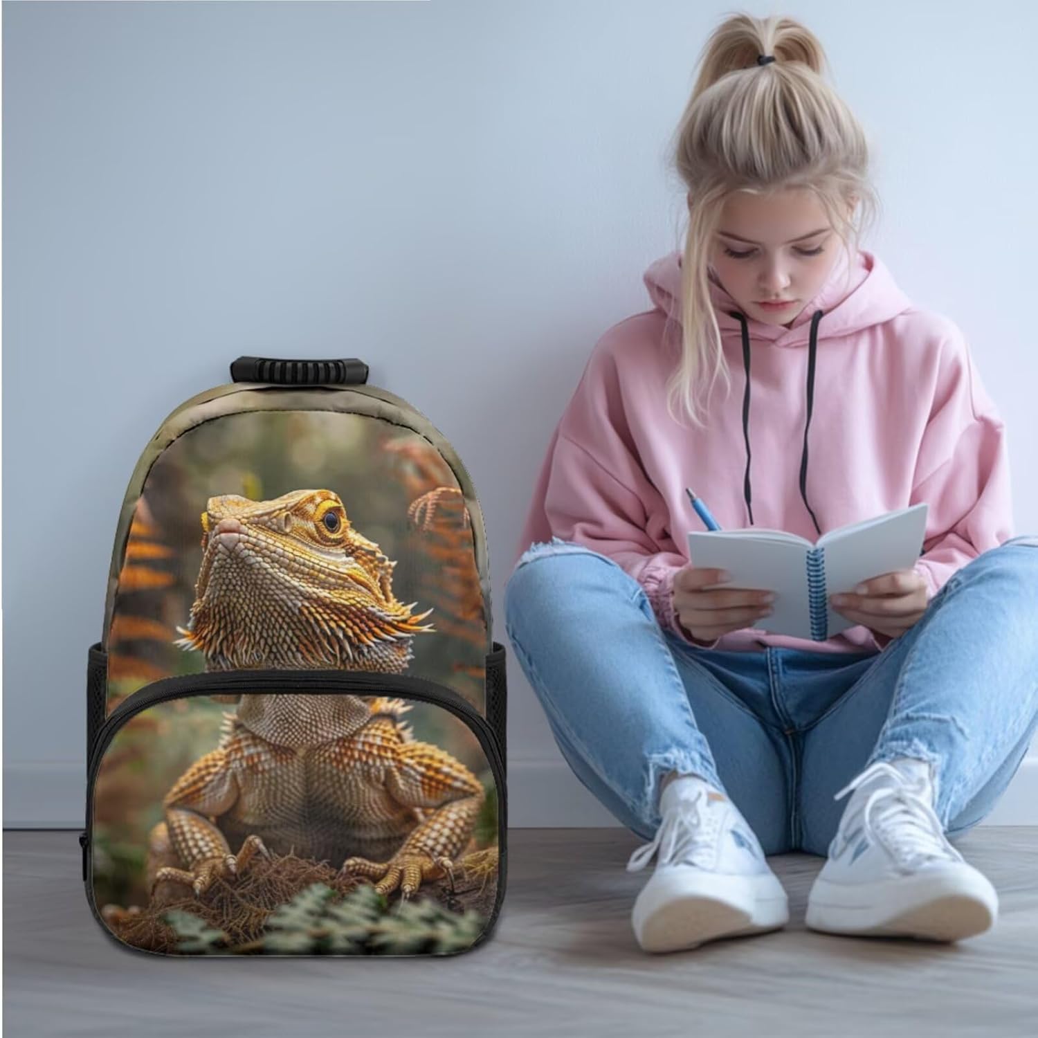 Dragon Lizard Backpack for Kids Boys Backpack with Lunch Box Water Bottle Sling Bag and Big Pencil Case 4Pcs Set 17" Bookbag with Compartments Large Capacity School Bag for Elementary Boys