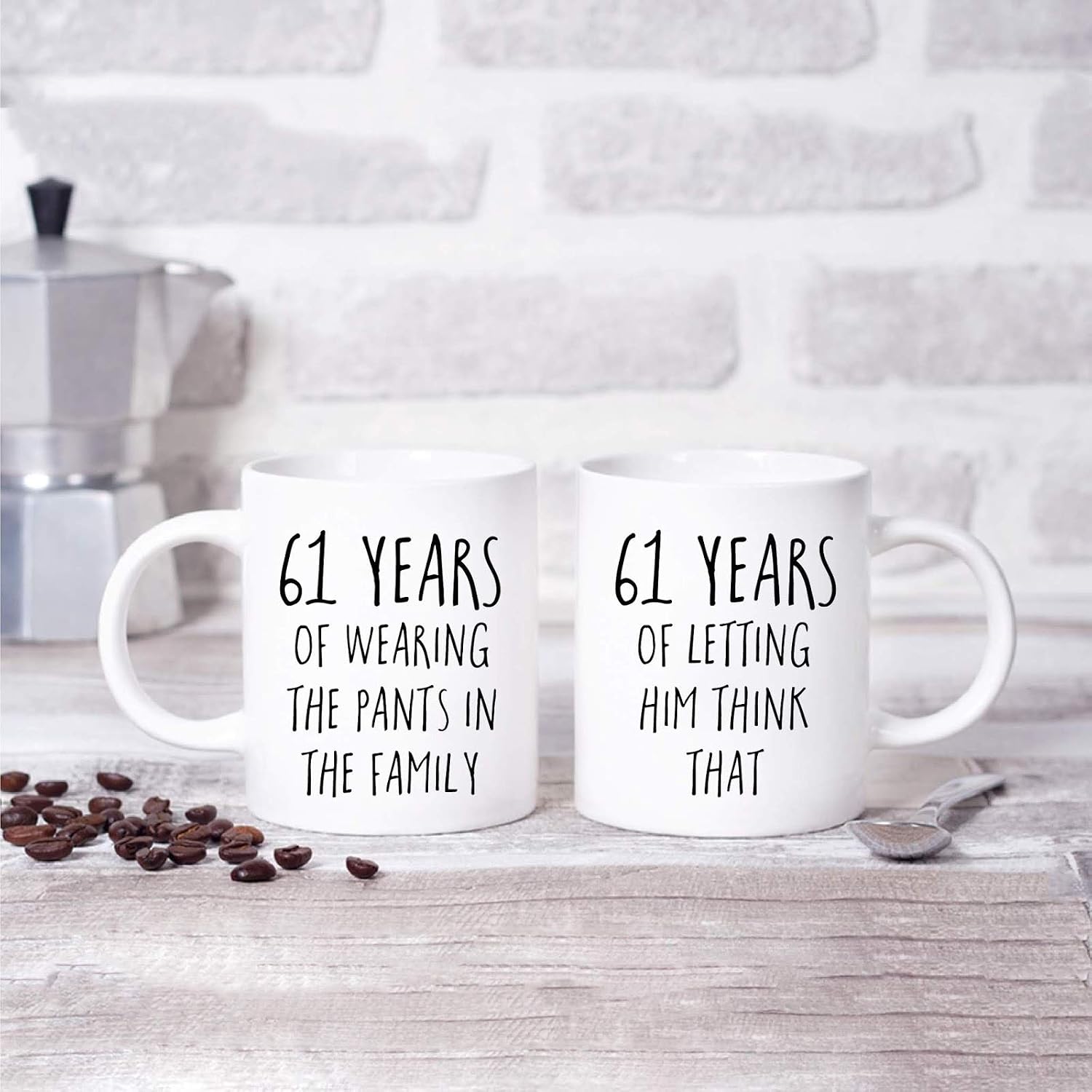 Andaz Press Funny 61st Wedding Anniversary 11oz. Couples Coffee Mug Gag Gift, 61 Years of Wearing the Pants in the Family, Letting Him Think That, 2-Pack with Gift Box for Husband Wife Parents