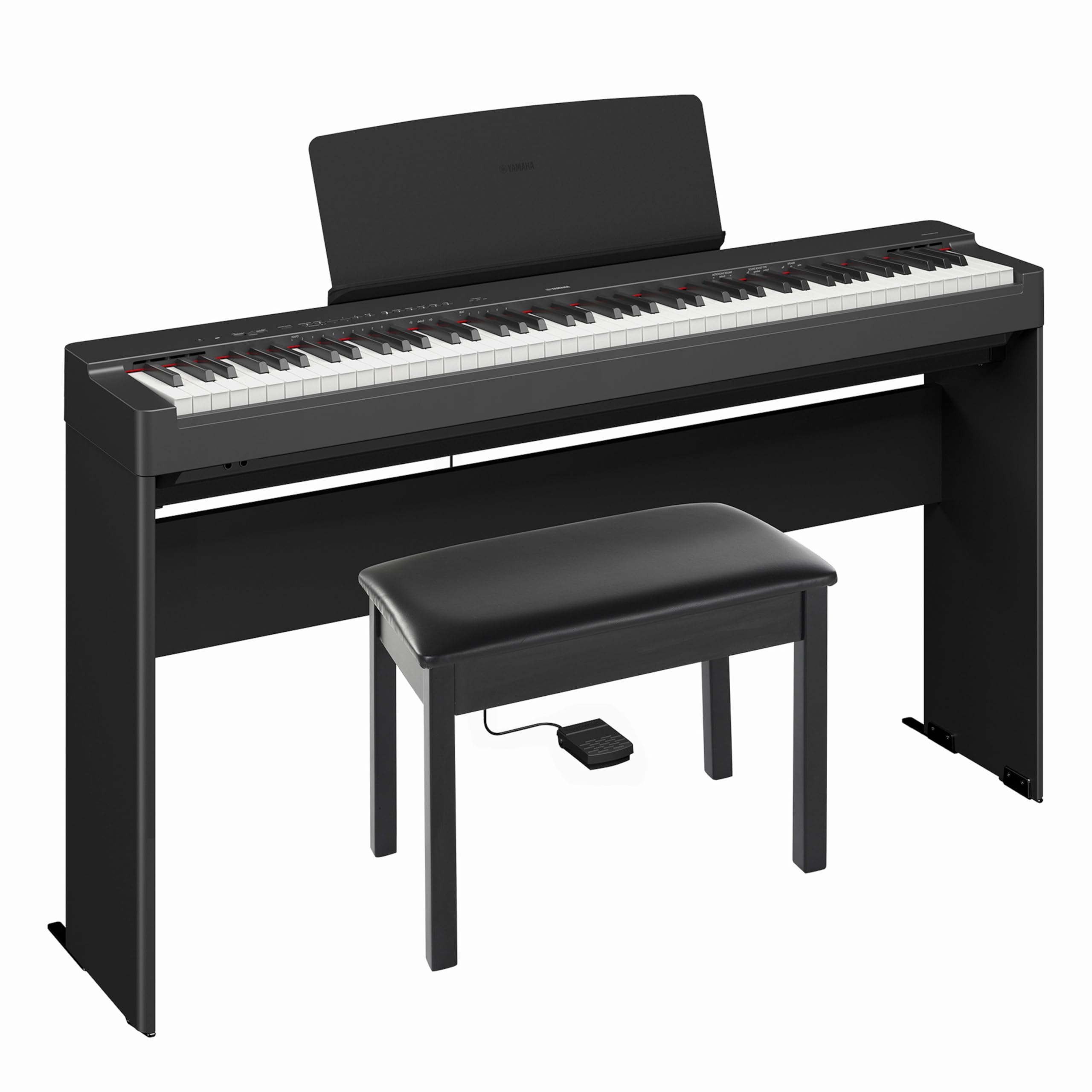 Yamaha P-225BLB Deluxe Digital Piano Bundle, Includes 88-Key Digital Piano with Weighted Keys, Stand, Standard Piano Bench, Music Rest, Sustain Foot Switch, and Built-In Speakers, Black